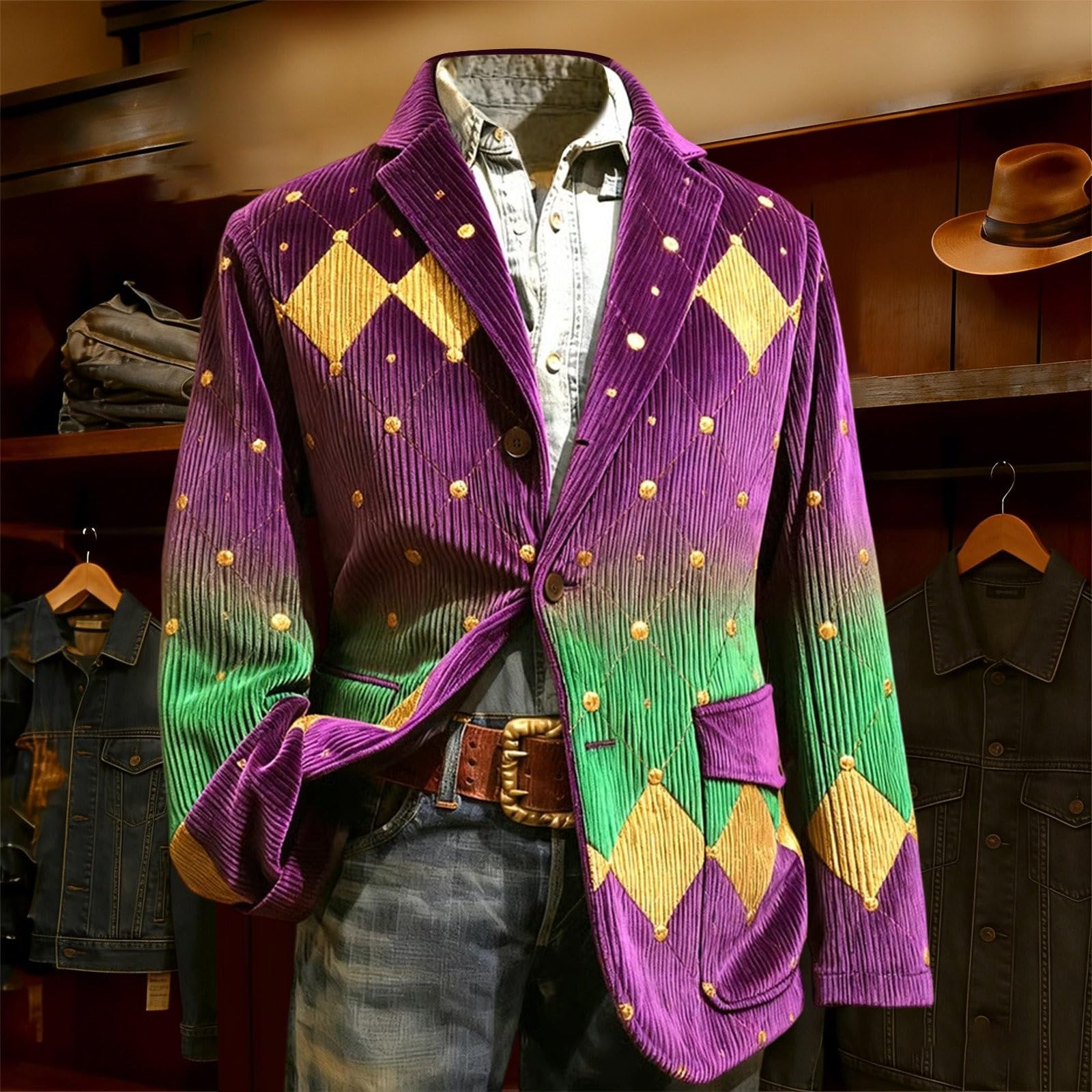 Elegante chaqueta de pana con estampado de esmoquin para hombre, estilo casual, para fiestas, bodas, celebraciones, discotecas, escenarios (10)