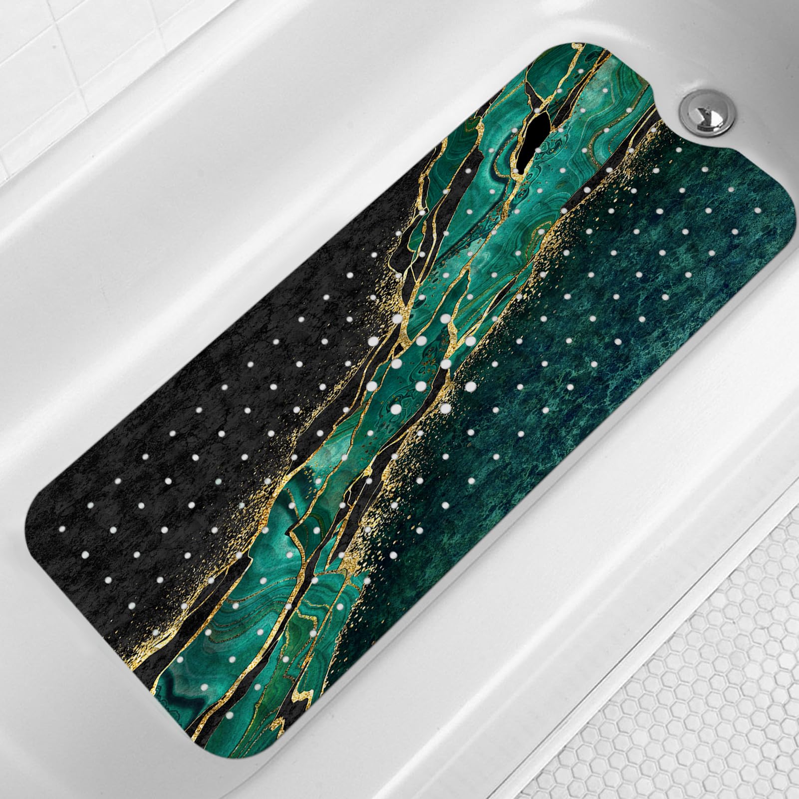 LNOND Marble Bath Tub Mat Non Slip, Extra Long 40 X 16 Inch Anti Slip Mat for Bathtub, Green Gold Marble Shower Mat with Drain Holes and Suction Cups,