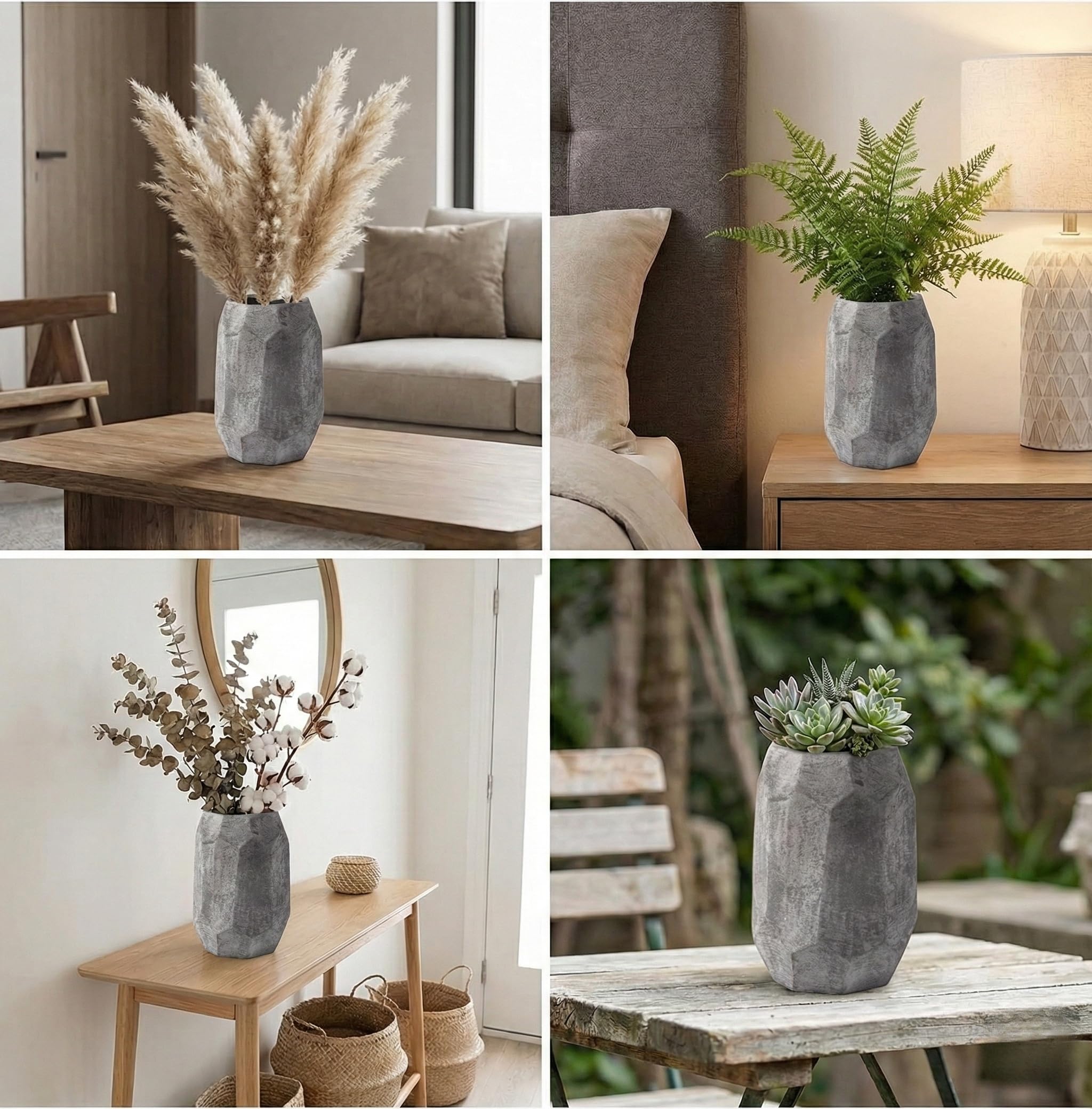 Leon Jarrón geométrico de cerámica - Gris texturizado 34 cm de altura - Jarrones modernos
