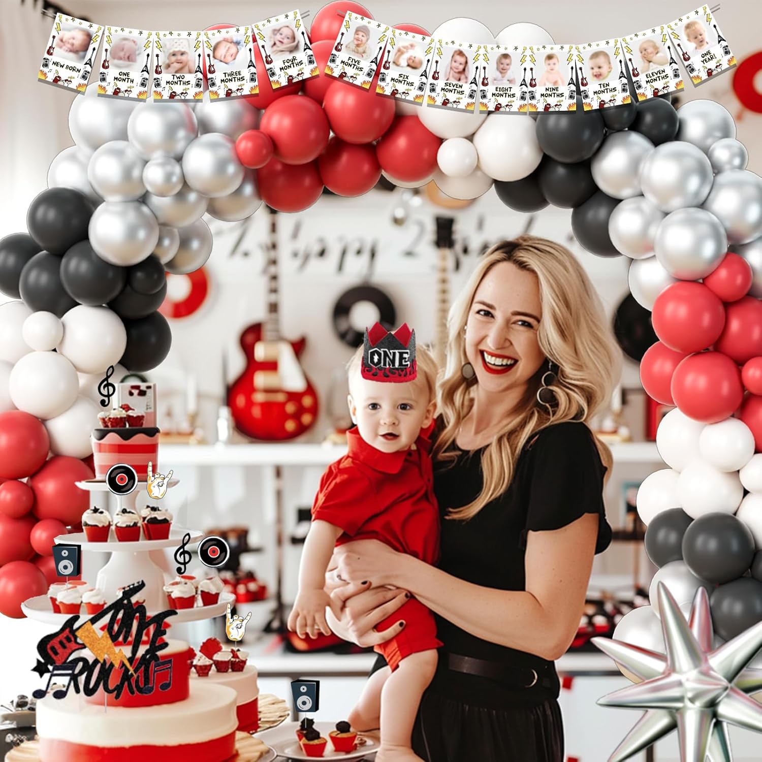 One Rocks 1st Birthday Decorations, Rock and Roll First Party Decorations, Born to Rock One Backdrop Balloon Banner Tablecloth Cake Topper Box Cutout Crown Poster for One Year Old Birthday
