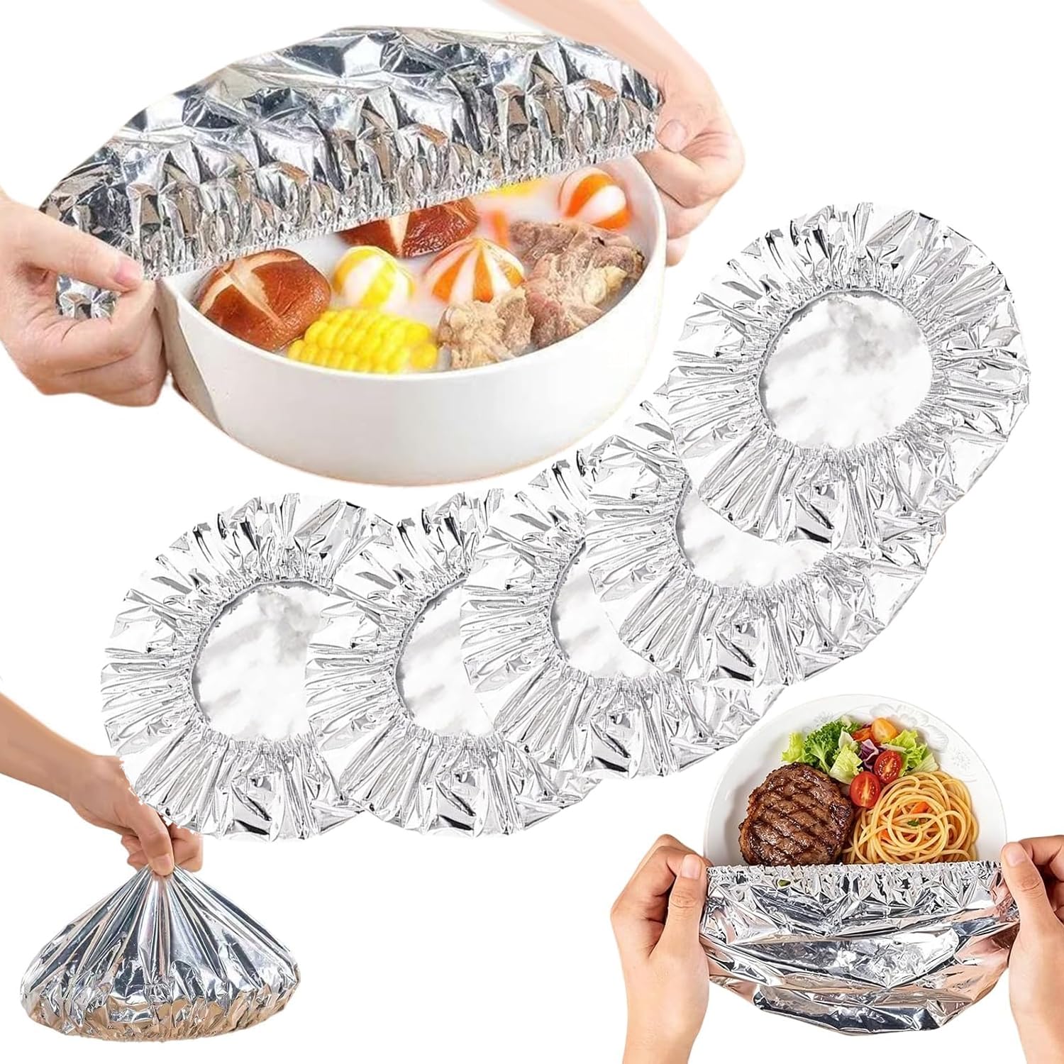 Reusable Aluminum Foil Food Covers,Elastic Stretch Heat Insulation Bowl Lids Fits 10-28cm Plates Bowls,Fresh Keeping Dust-Proof Covers for Kitchen Picnic BBQ (150PCS)