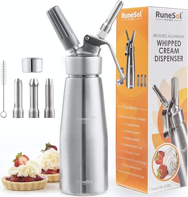 Runesol Premium Aluminium Whipped Cream Dispenser, Cream Gun Whipper 3 Stainless Steel Decorating Nozzles, Fresh Cream for Home Party Desserts Decoration, Christmas New Year Party Gift, Event Host