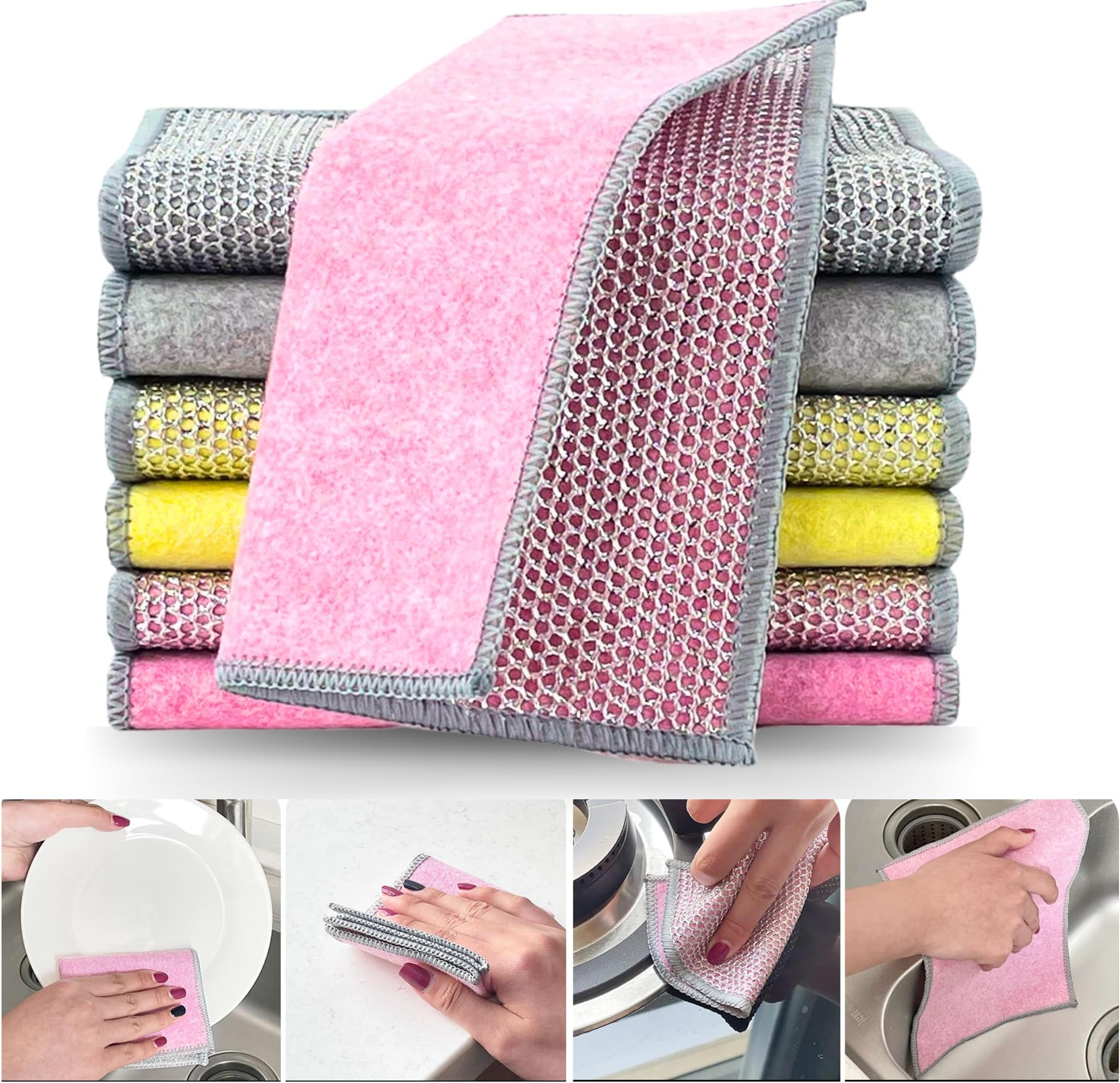 Non Scratch Dish Wash Cloth - Multipurpose Dual Side Wire & Microfiber Dishwashing Rags for Wet and Dry, Easy Rinsing, Reusable Cleaning Cloth for Kitchen, Sinks, Pot & Pans, Multicolor (Pack of 6)