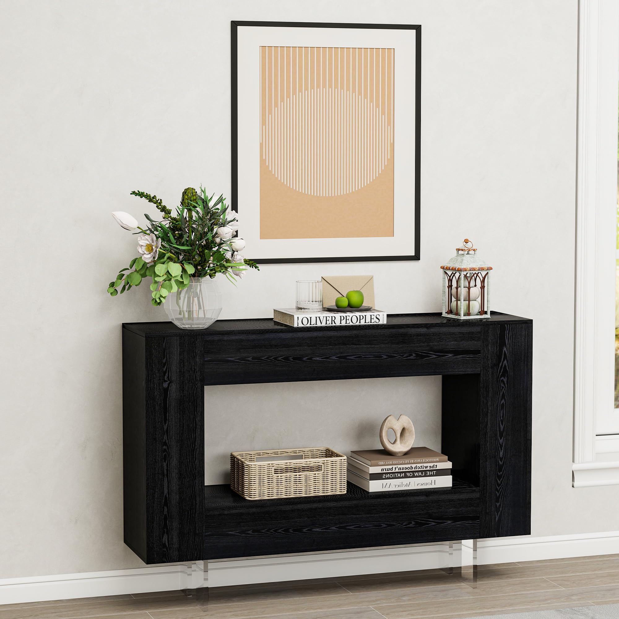 Narrow Console Table with Hidden Side Storage Cabinets, Adjustable Shelves, Modern Black Entryway Sofa Table for Behind The Couch, Living Room, Hallway, Black