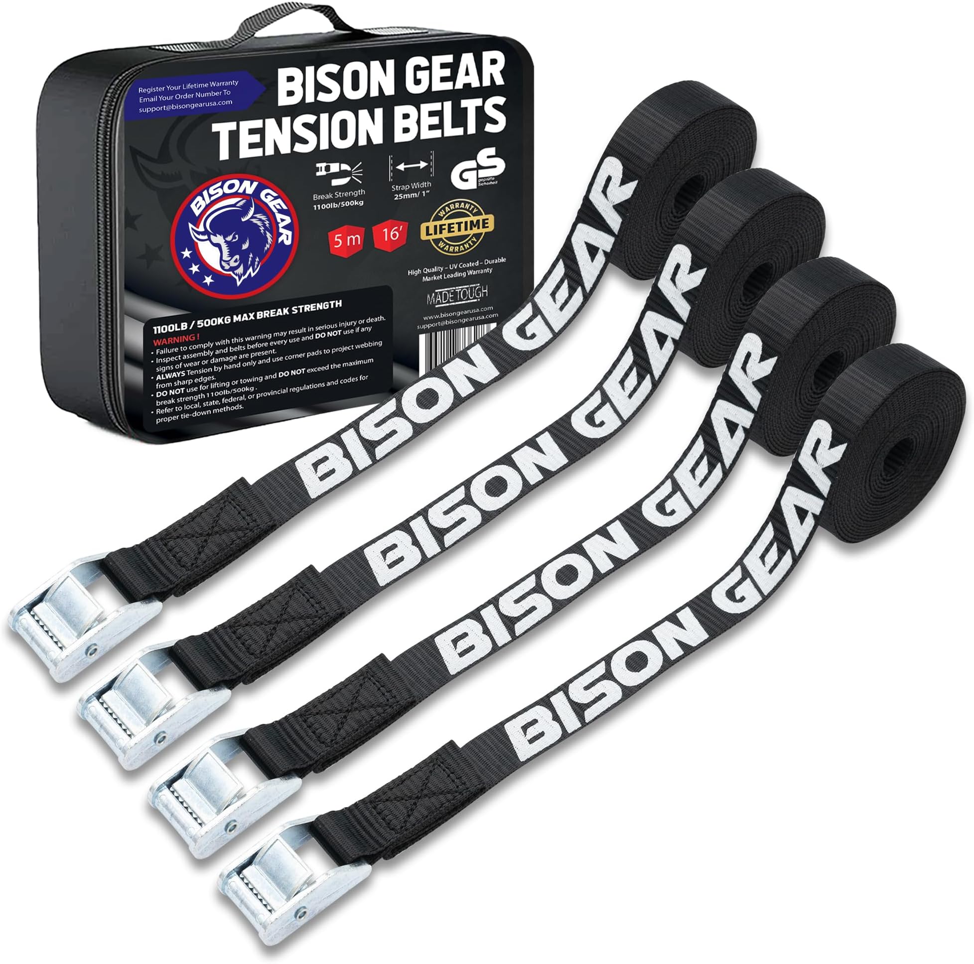 Premium Tie Down Straps - (Car Roof Rack Straps for Surfboard Kayak or Lashing) - Rustproof Heavy Duty Cam Buckles - 4 Pack - 5m x 25mm