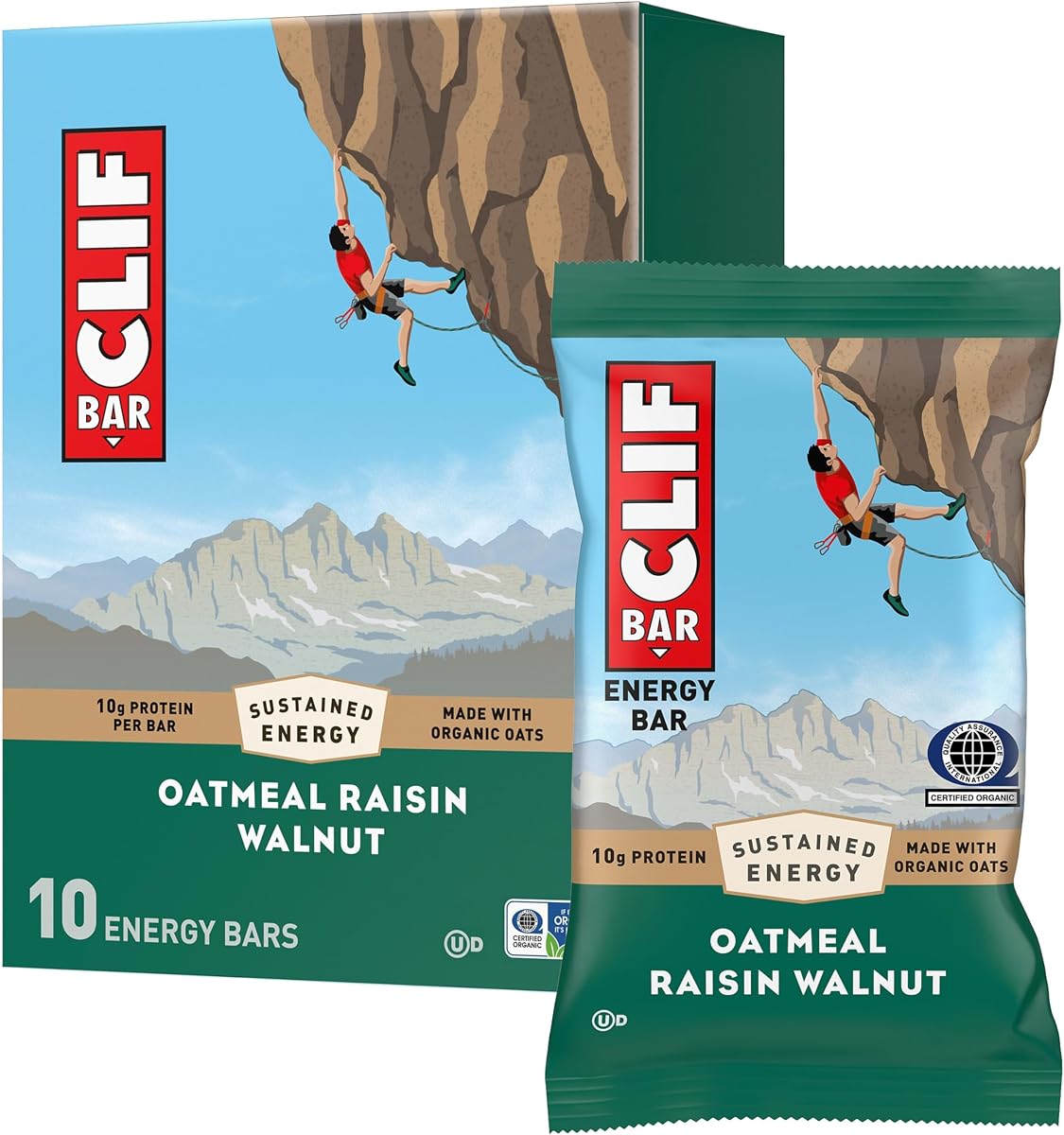CLIF BAR Protein Energy Bars, Oatmeal Raisin Walnut, 10ct | 10g Protein, Made with Organic Oats, Non-GMO, Plant-Based, No High Fructose Corn Syrup