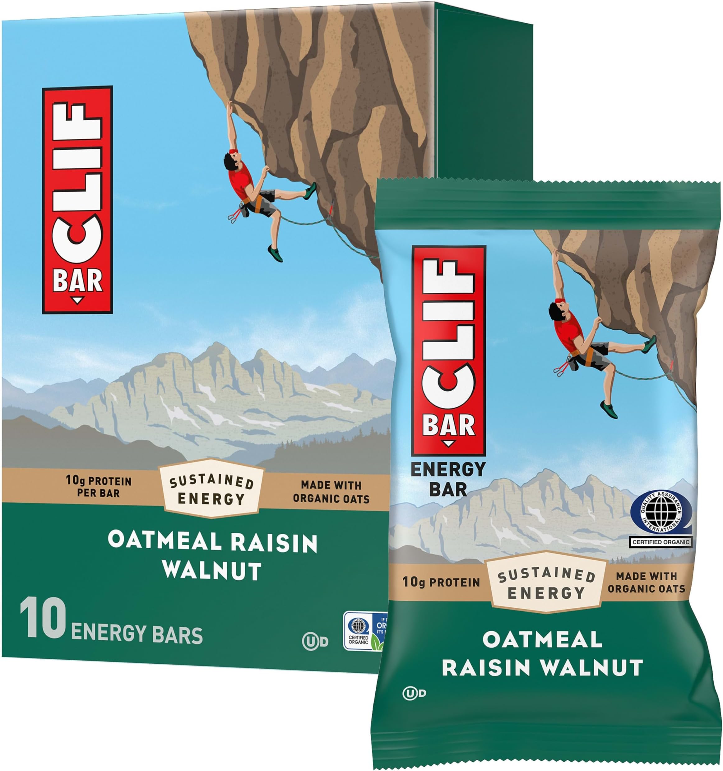 CLIF BAR - Oatmeal Raisin Walnut - Made with Organic Oats - Energy Bars - Non-GMO - Plant Based Protein Bars (10 Pack)