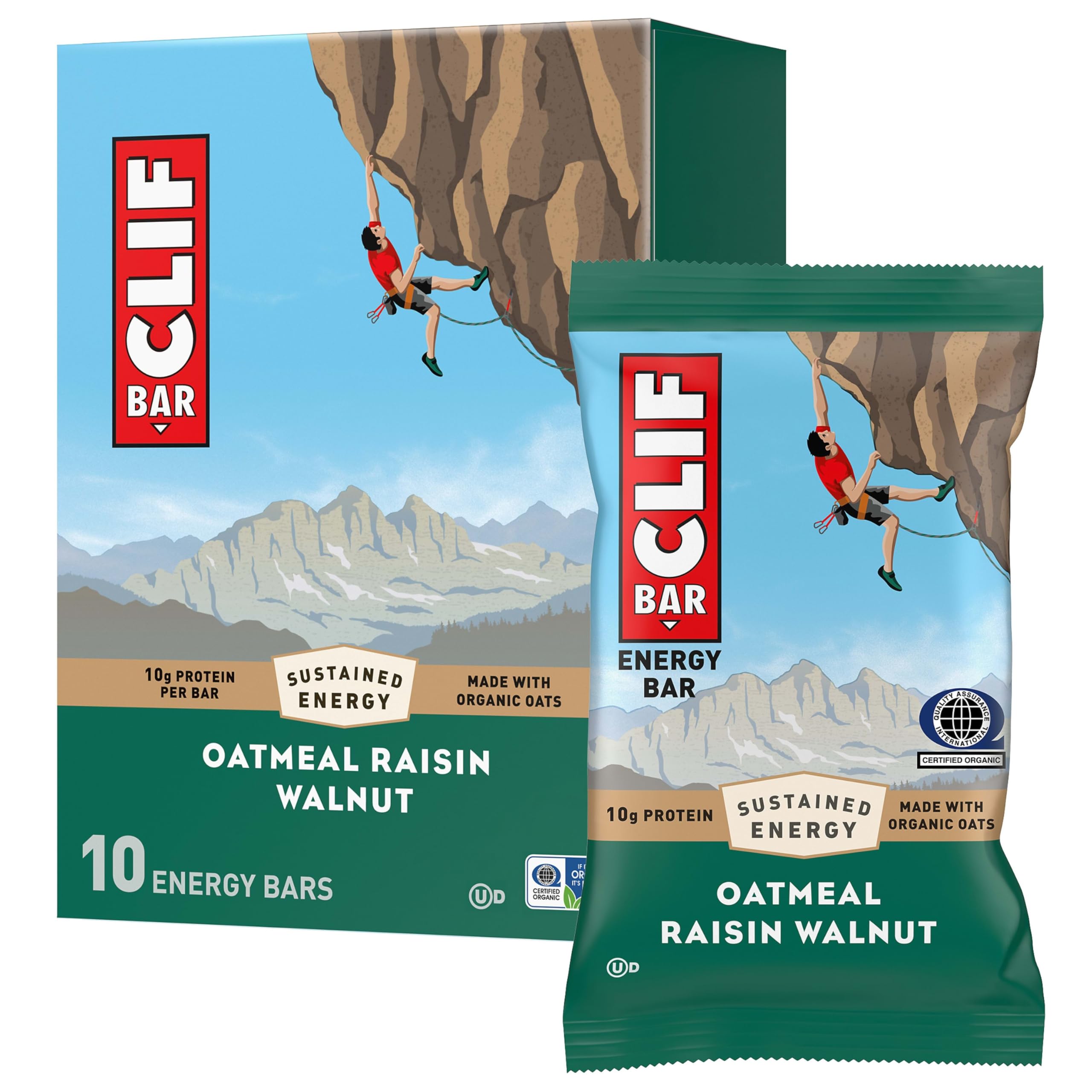Clif Bar - Oatmeal Raisin Walnut - Made with Organic Oats - 10g Protein - Non-GMO - Plant Based - Energy Bars - 2.4 oz. (10 Pack)