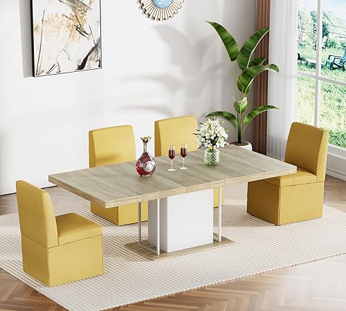 Miniatura 23 de Juego de mesa de comedor extensible para mesa de cocina extensible de 4, 5 piezas y 4 sillas de almacenamiento ocultas de lino tapizadas de madera