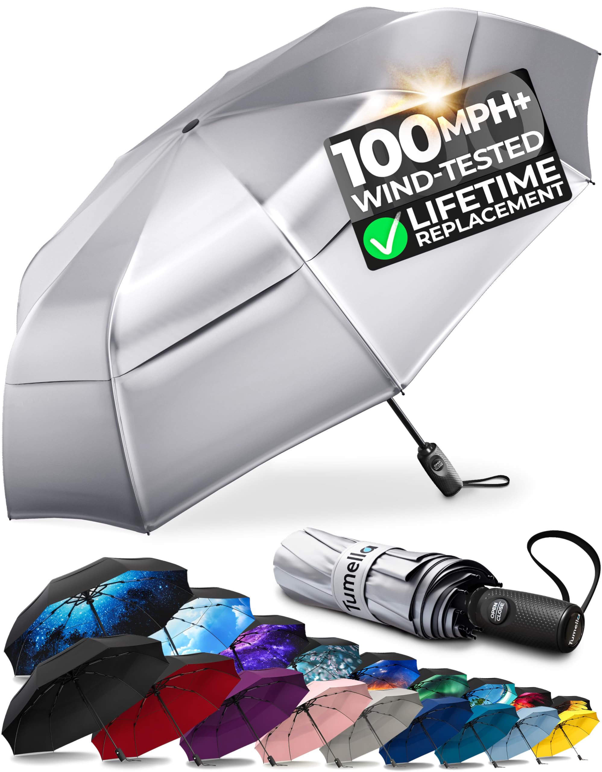 TUMELLA Strongest Windproof Travel Umbrella (Compact, 100MPH Wind-Tested), Light, Portable, One-Handed Use, Automatic Folding Rain Umbrella, Durable, Premium Grip, Fits Car &amp; Backpack