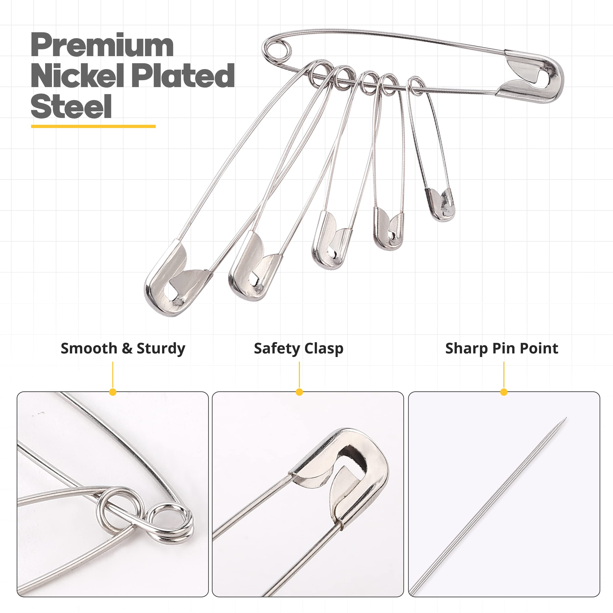 Wenrook Safety Pins Assorted 300 Pack – Strong Nickel Plated Steel, 5 Different Size Safety Pin, Rust Resistant Large Safety Pins, Heavy Duty Safety Pins for Clothes, Crafts, Sewing and More