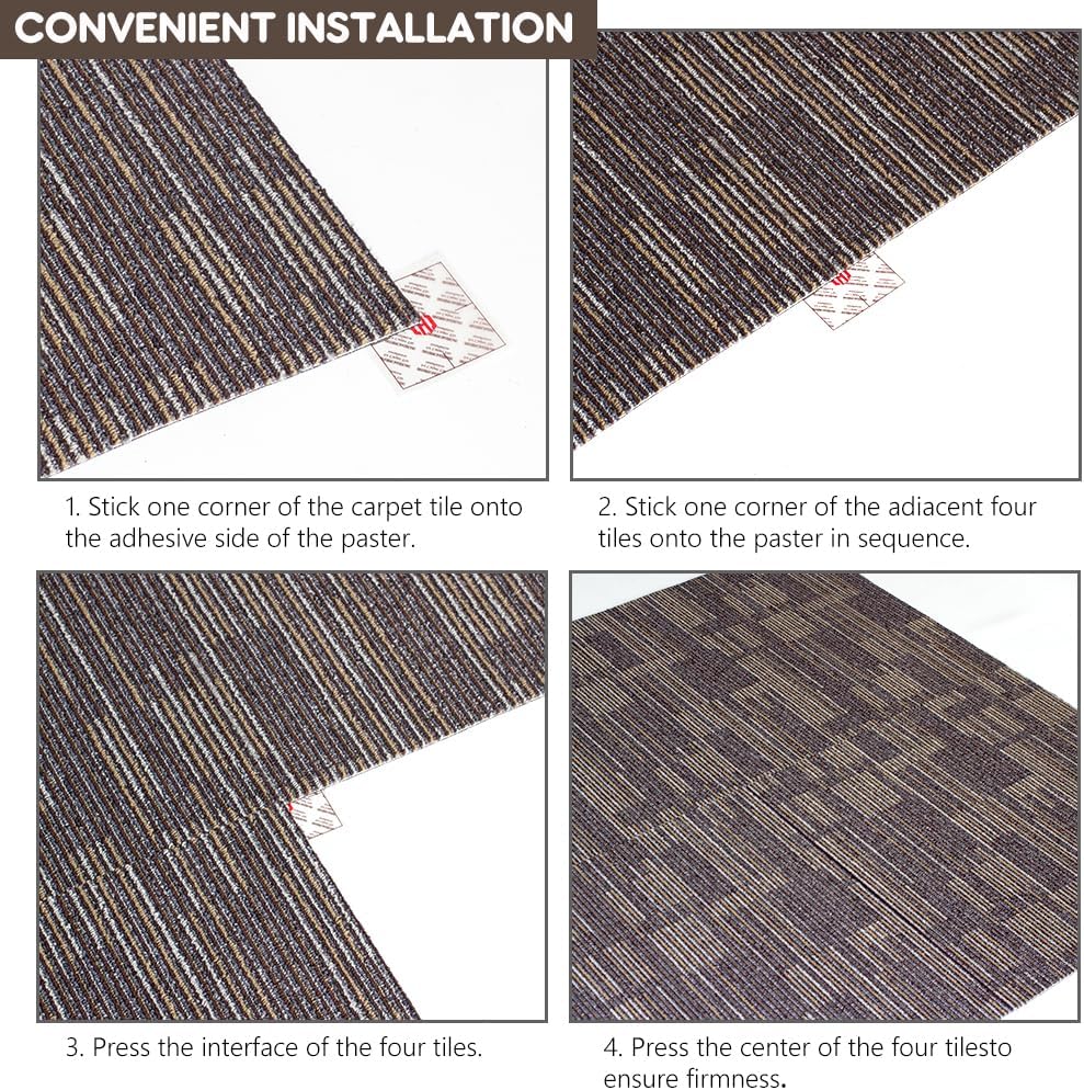 Carpet Floor Tiles 24” x 24” Commercial Carpet Squares 18 Pcs Peel and Stick Non-Slip Office Soft Tiles DIY Installation for Living Room Bedroom Study Hotel, Brown