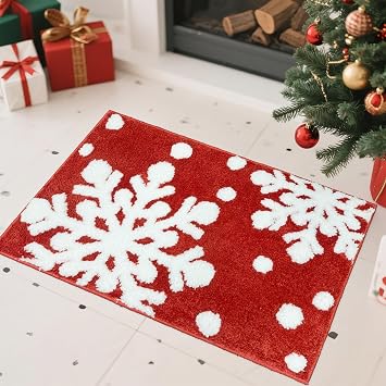 APROPHIC Christmas Snowflake Bath Mat, Non-Slip Super Absorbent Bathroom Rugs, Xmas Winter Holiday Thick Shaggy Bath Mats for Bathroom Decor for Shower, Tub, Sink, Washable, 17x24 in, Red