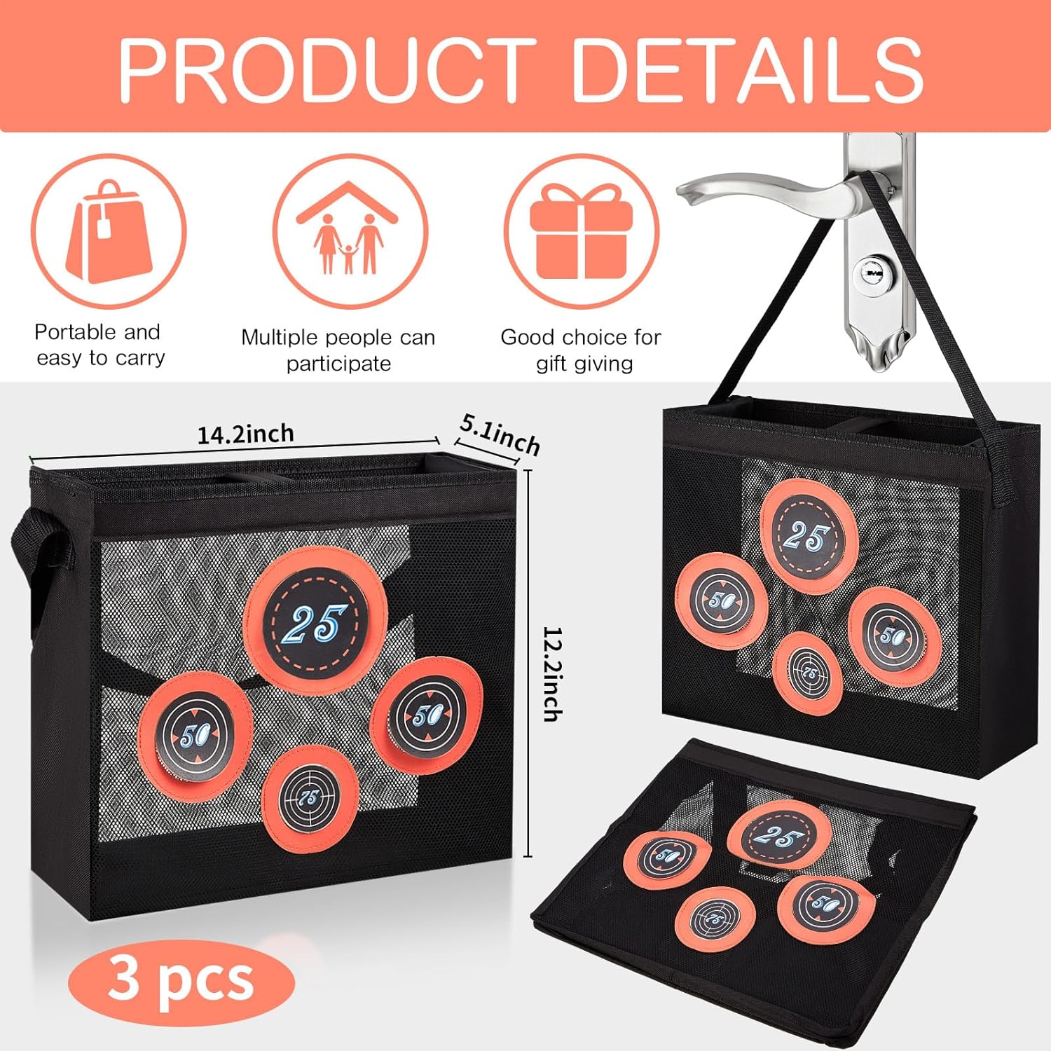 Huhumy 3 Pcs Portable Shooting Practice Target Toy Black Shooting Target Pouch Storage Mesh Bag for Indoors Outdoors Handles Hooks