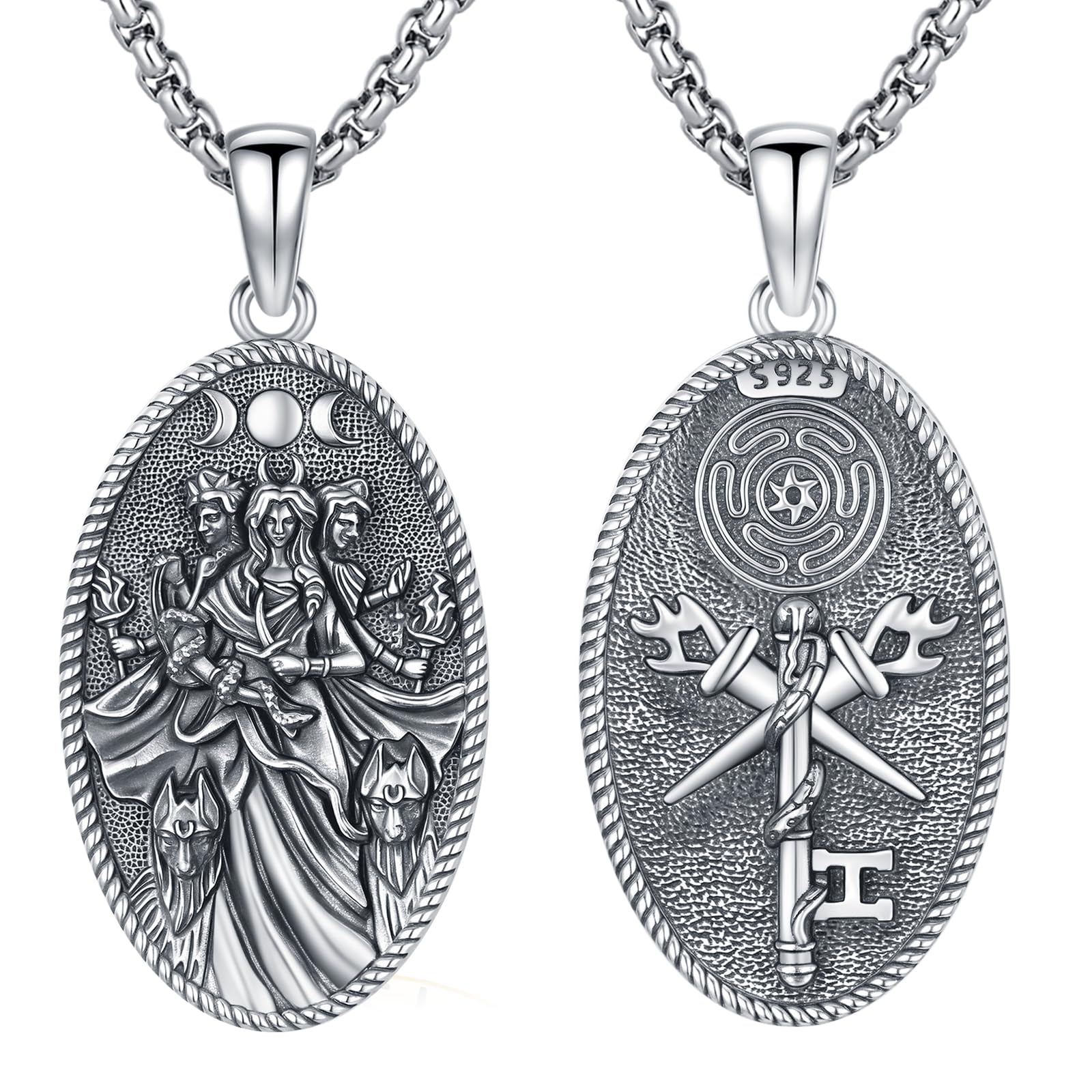AUDINCEED Hecate Necklace 925 Sterling Silver Goddess of Witches of Magic Hekate Pendant Necklace Ancient Greek Mythology Night of Hekate Moon Amulet