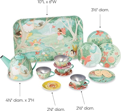 Miniatura 3 de HearthSong Juego de té de lata con temática de hadas de 15 piezas con tetera tapada, incluye tetera, 4 platos, 4 tazas, 4 platillos, bandeja para