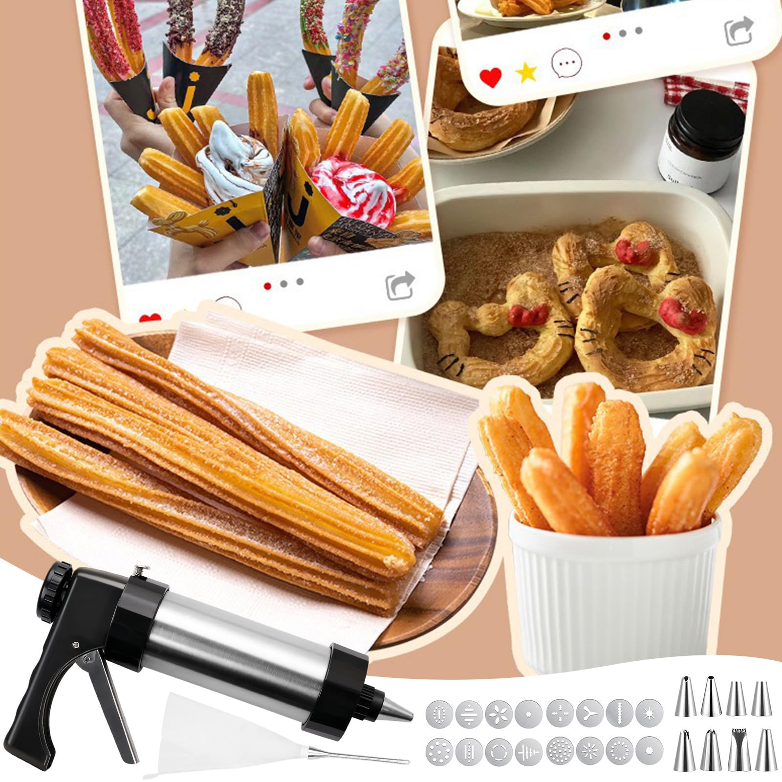 Machine à churro,Pistolet à Patisserie, Presse à Pâtisserie en Acier Inoxydable,Presse à Biscuits Avec 16 Gabarits,8 Douilles, nettoyage sans effort avec 1 brosses, pour les Churros Faits Maison