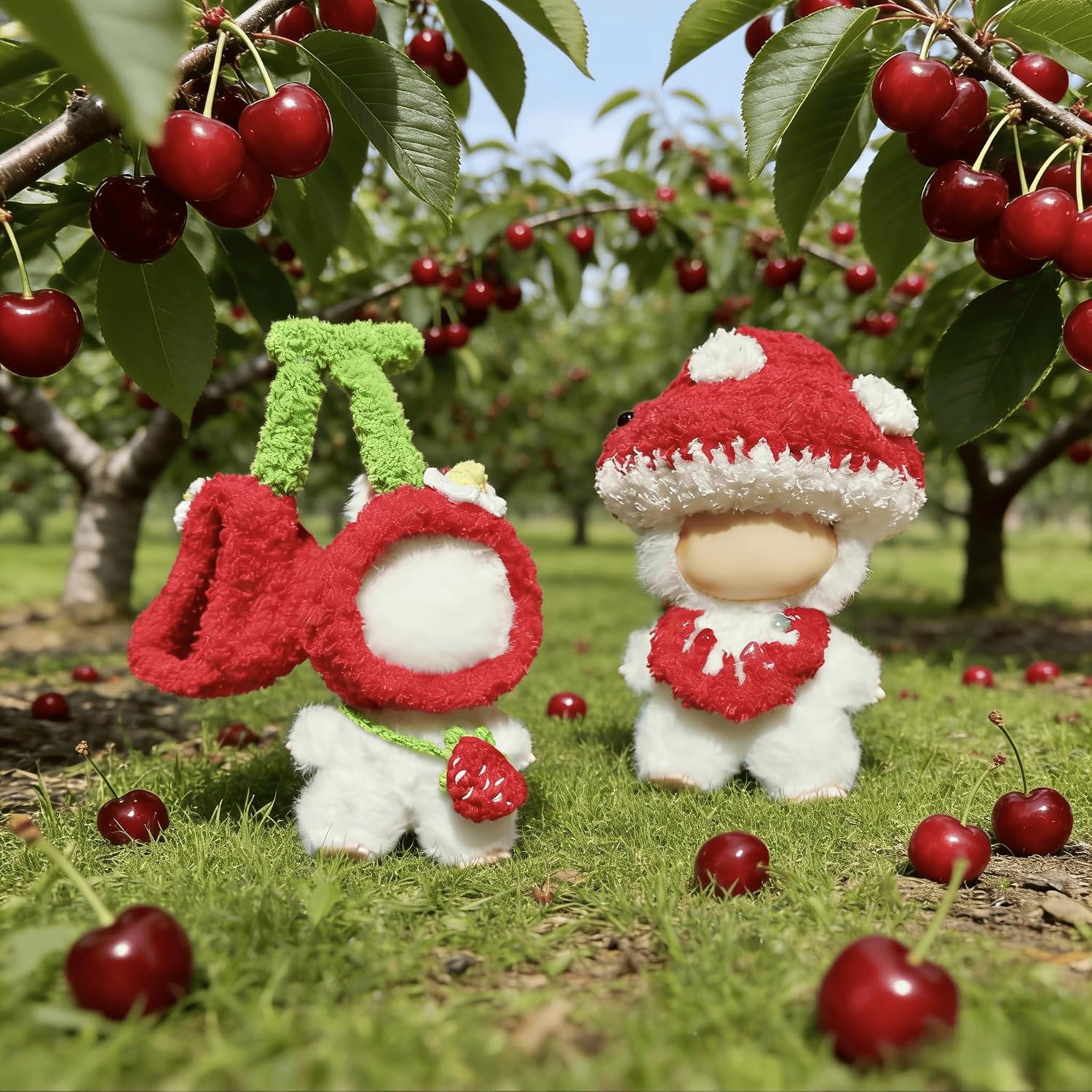 2-Pack Botanical Crochet Outfits for 4th Gen Mini 10cm Dolls – Red Mushroom & Cherry Costumes Compatible with Labubu