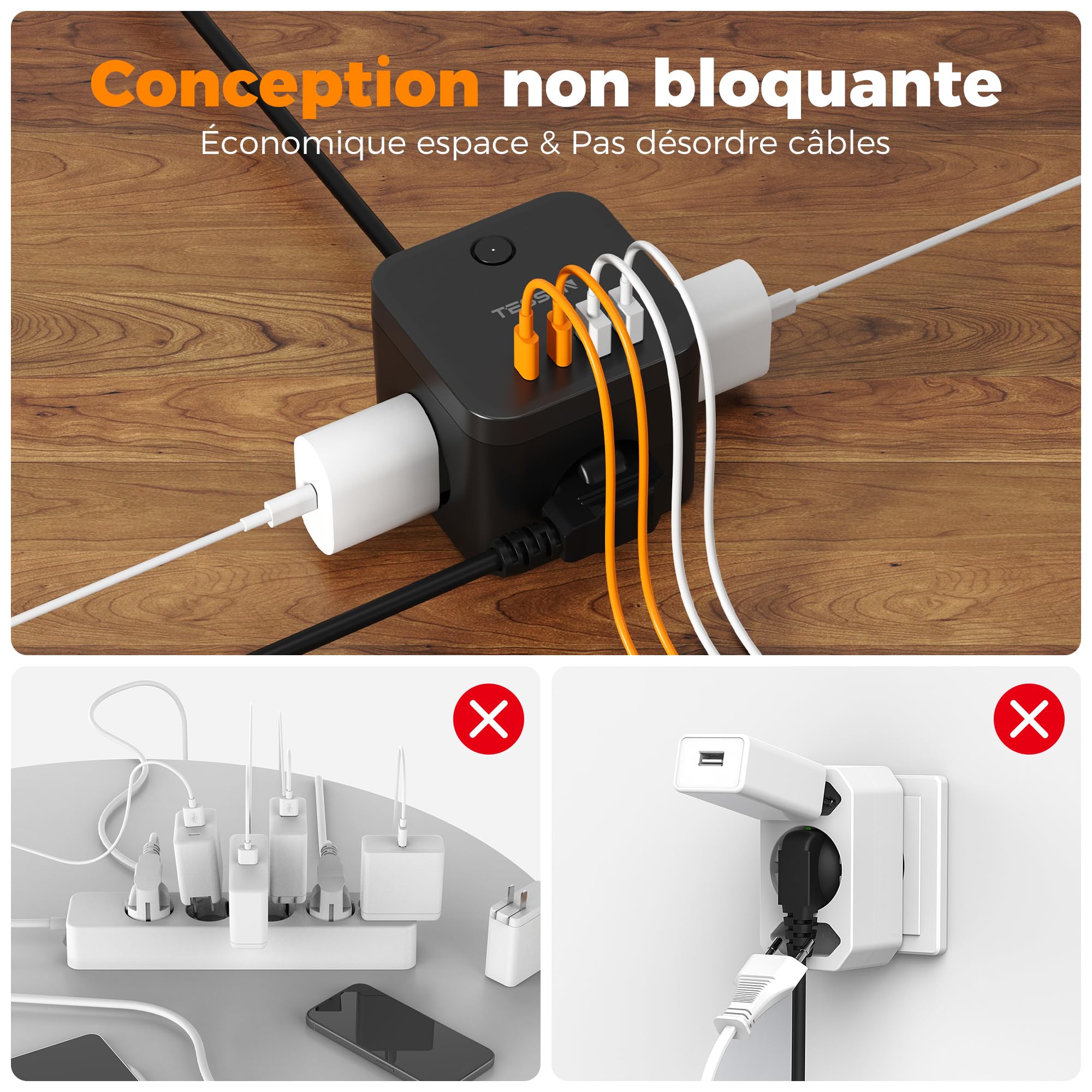 TESSAN Multiprise avec USB C PD 20W, Rallonge Electrique 5M, Noir