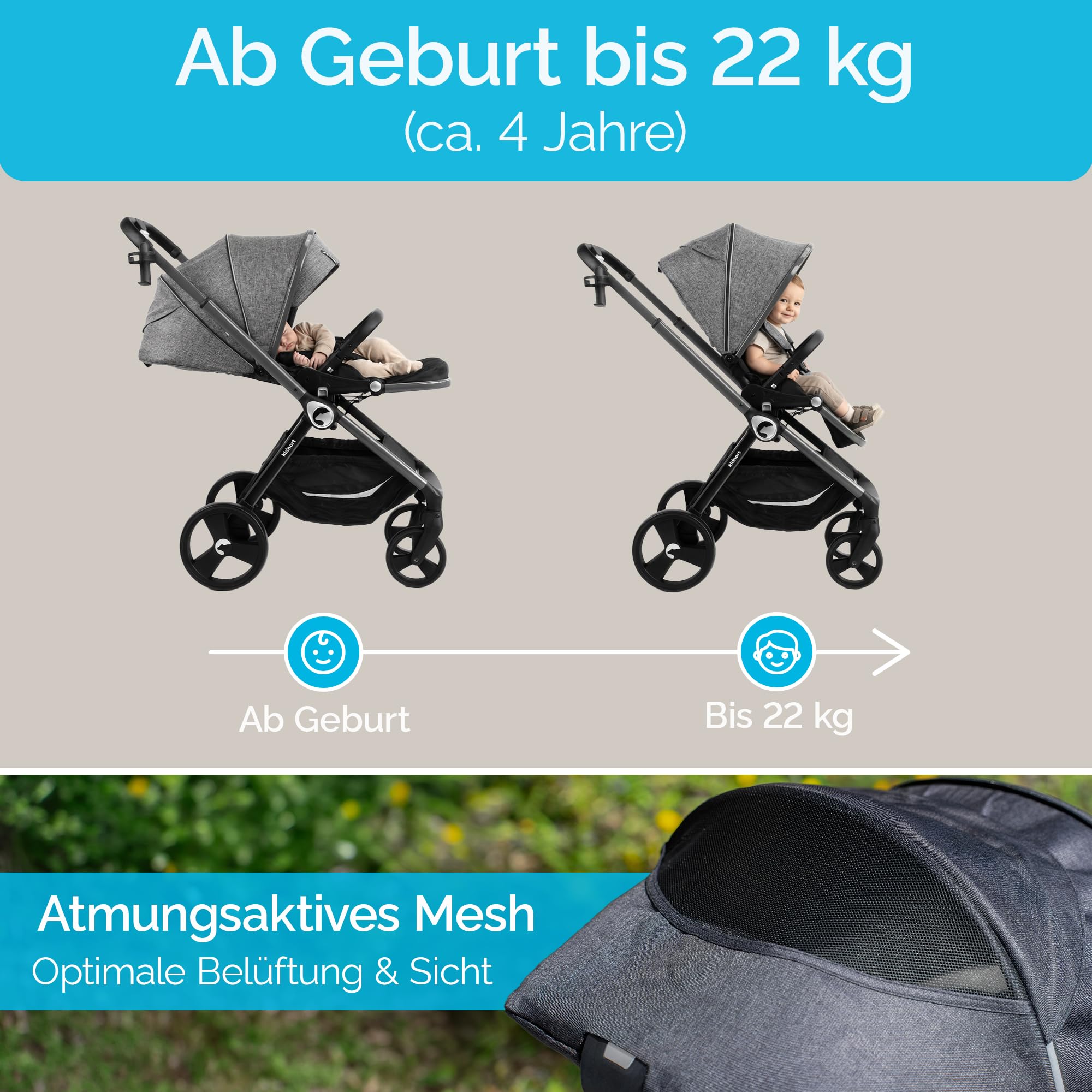 Isbjörn - Cochecito de bebé para niños de 0 a 22 kg, plegable con función reclinable, asiento convertible, ruedas grandes de EVA con suspensión en las 4 ruedas, respaldo ajustable beige