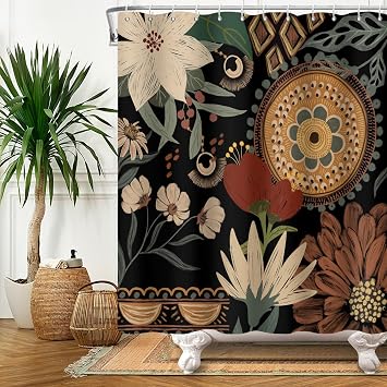 Boho Floral Shower Curtains for Bathroom, Dark Vintage Retro Moody Bathroom Curtain, Abstract Botanical Chic Flowers Waterproof Fabric Bath Curtain 72"x72"