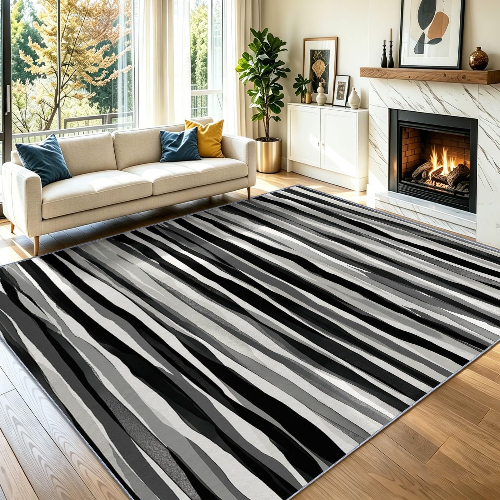 Générique Tapis de Salon 140 x 200 cm, Rayé Faible Poil Antidérapant avec Minimaliste Moderne Lignes Dégradé Imprimé Tapis Chambre pour la Chambre à Coucher, Le Bureau à Domicile, Noir Et Blanc