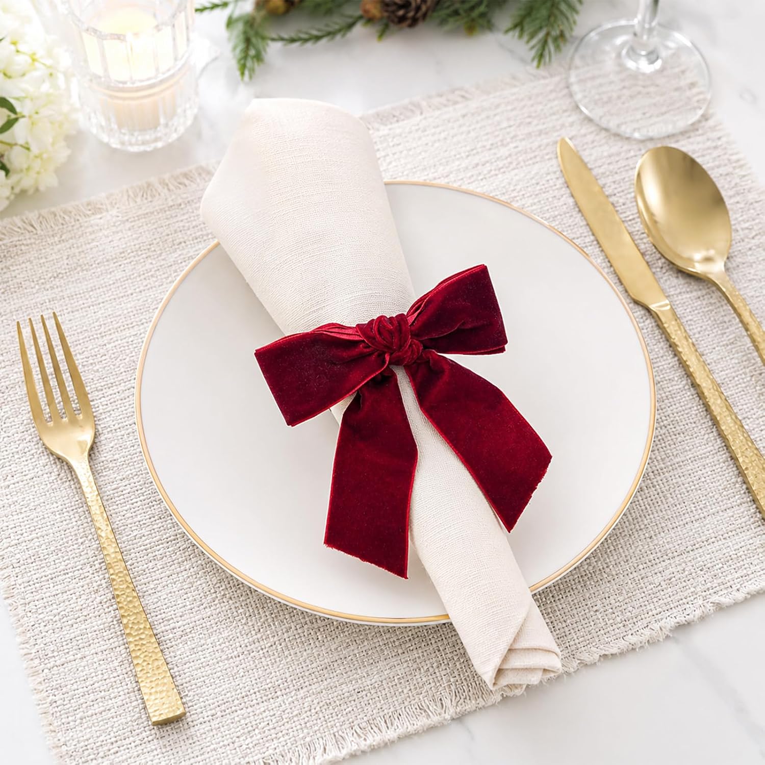8PCS Velvet Bow Burgundy Christmas Napkin Rings Set Christmas Decorations