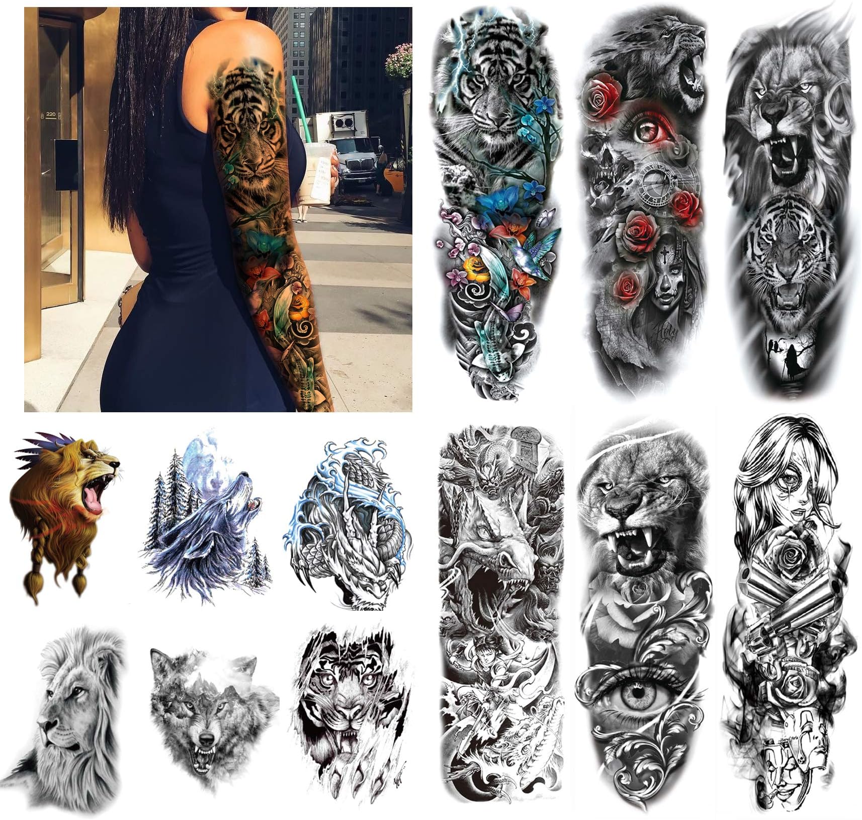 Kotbs 12 Sheets Full Arm Temporary Tattoo Dragon Tiger Waterproof Full Arm and Half Arm Sleeves Body Tattoo Stickers
