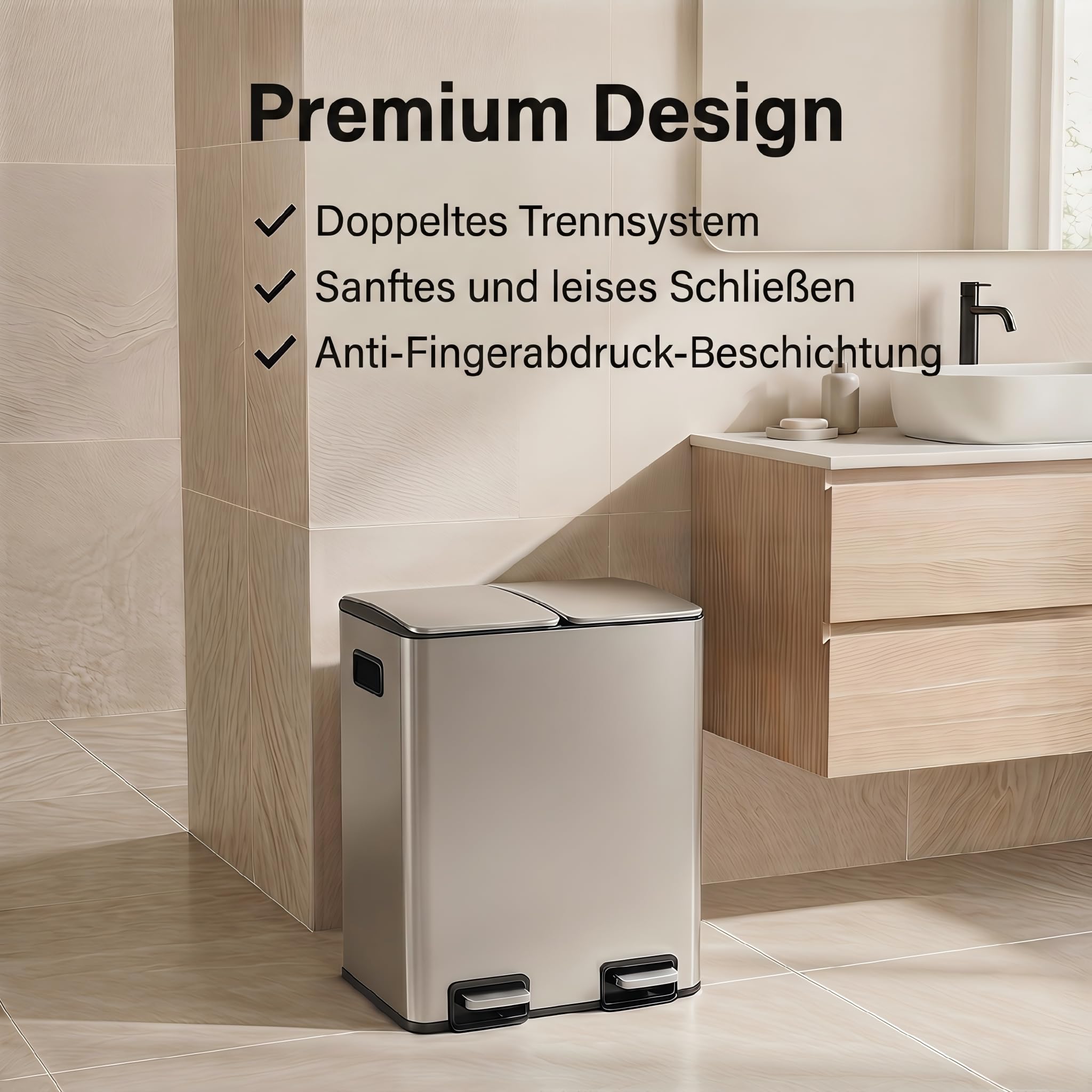Mülleimer Küche 2 x 19 L(38L), Edelstahl Treteimer mit Deckel, Mülltrennsystem 2 Fächer, Abfalleimer mit Softclose, Fingerabdruckresistent, Pedaleimer mit Inneneimer für Küche Haushalt