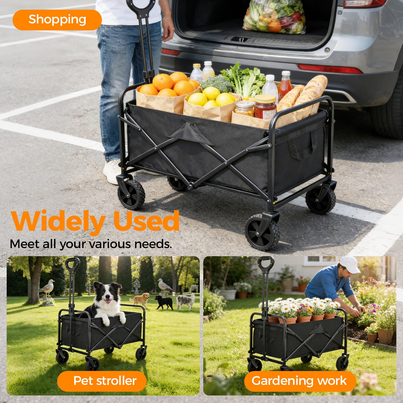 Carrello pieghevole, 150 l, 150 kg, carrello pieghevole (ruote rimovibili) | Carrello pieghevole con manico regolabile, per spiaggia, campeggio, giardino, festival