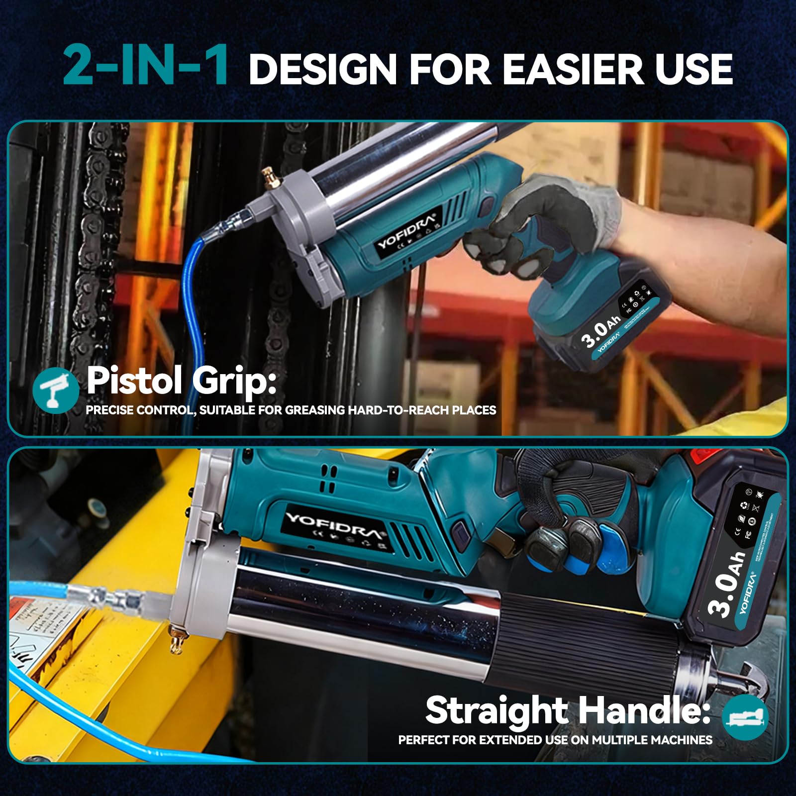 Yofidra 2 in 1 Pistola per Grasso a Batteria - Kit Pistola per Grasso da 5,3 oz/min 12000 PSI con 2 batterie da 3,0 Ah, Facile da Usare per Agricoltori, Operatori di Macchine e Proprietari