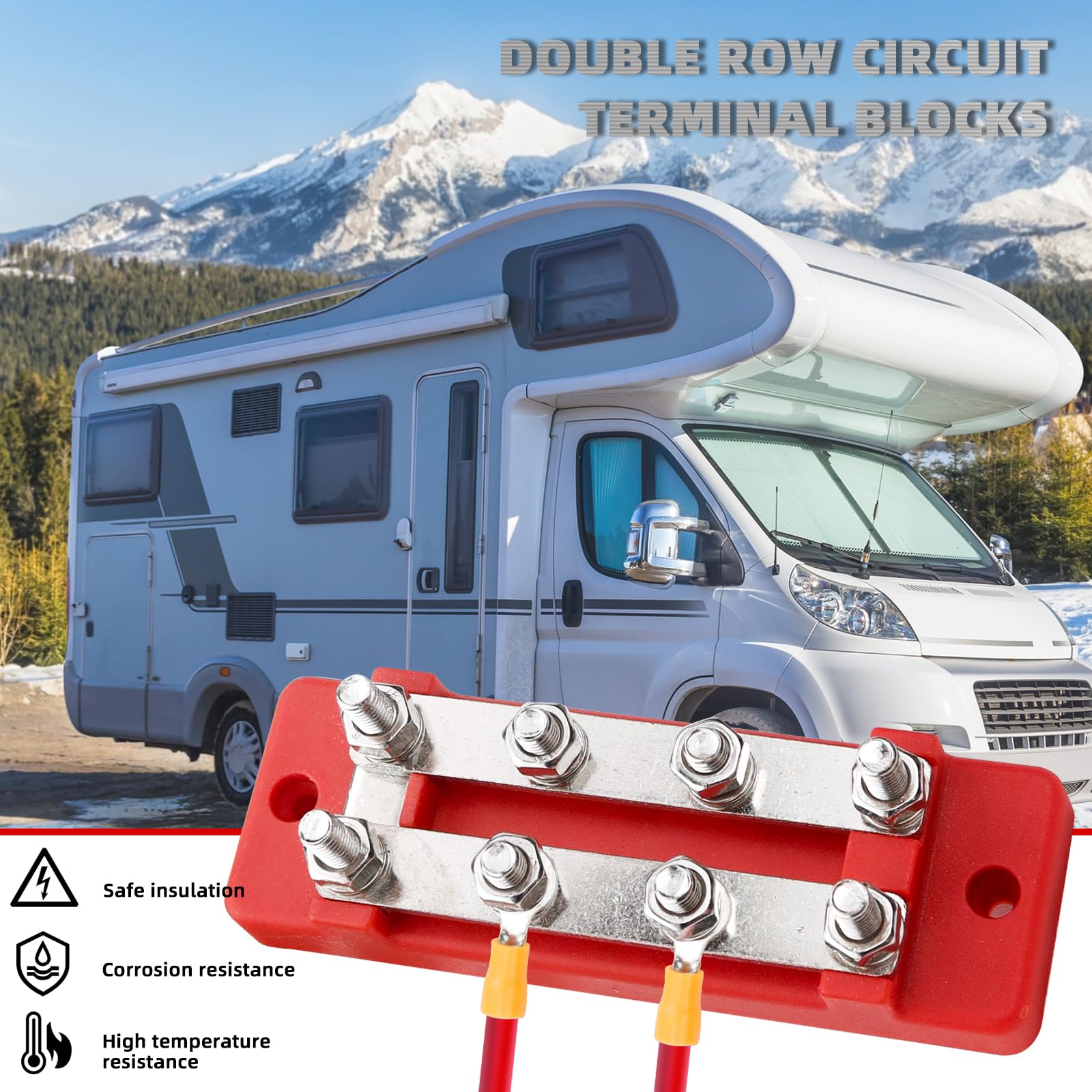 Distributore di corrente con barra collettrice, 12 V-48 V CC, 250 A, 4 bulloni a vite M8, 2 pezzi, Nero-Rosso (B-Nero e Rosso)