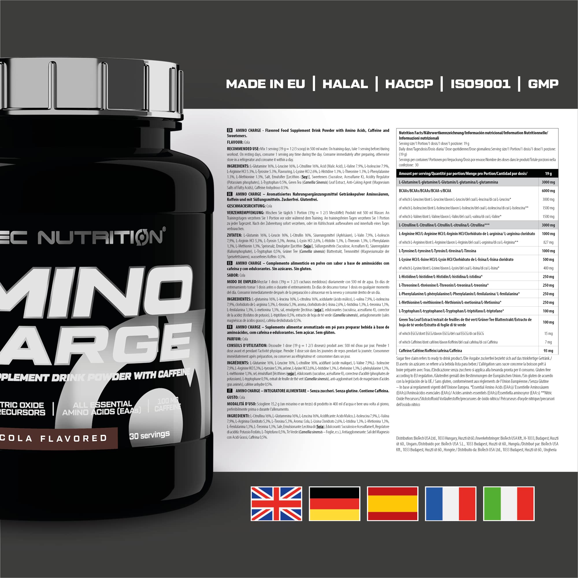 Scitec Nutrition Amino Charge - con 6 g di BCAA - 100 mg di caffeina - senza zucchero, senza glutine - aumenta le prestazioni e il recupero, 570 g, Cola