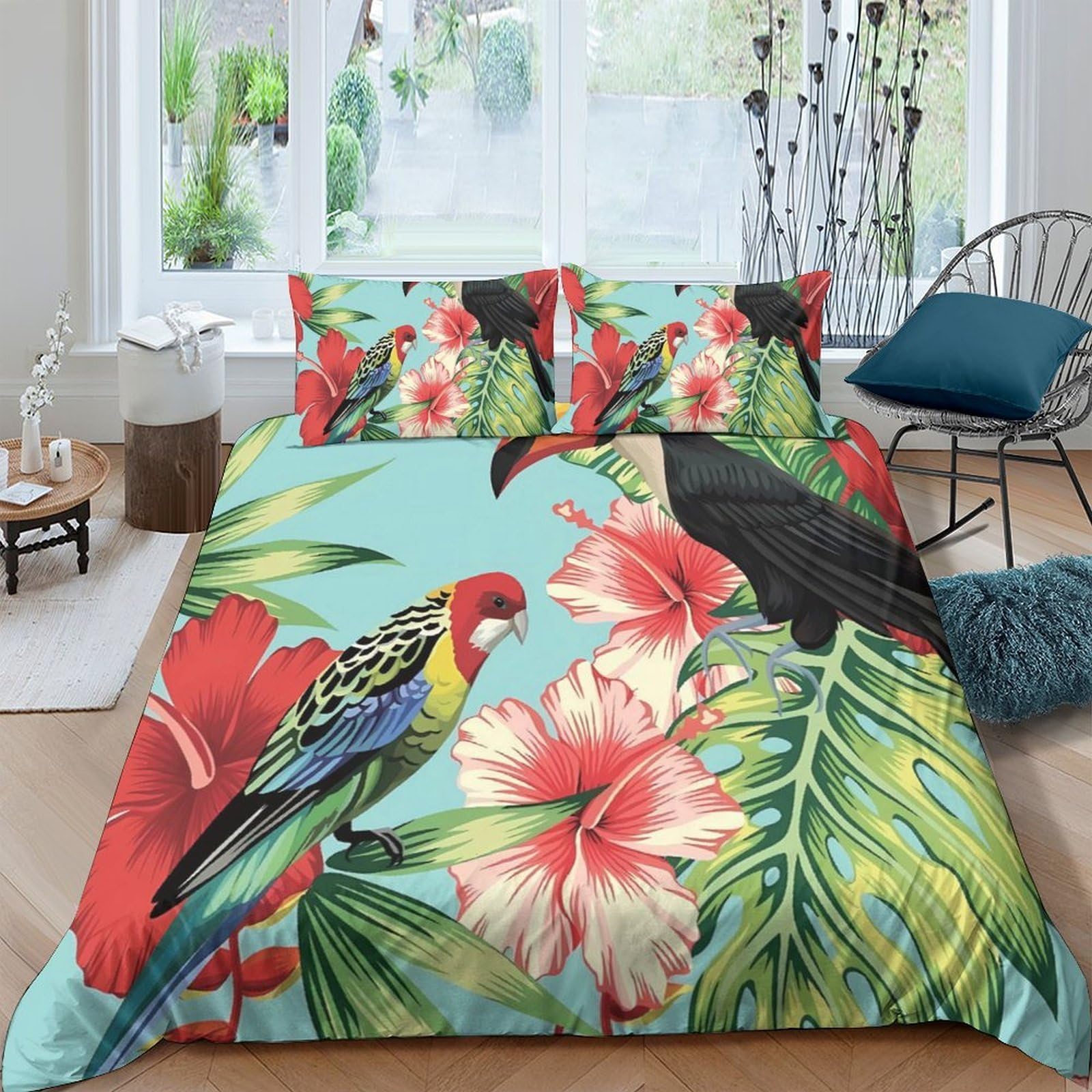 Ctjqhvkz Style-9 3D Printed Tropical Parrot Fitted Sheet Microfiber Vibrant Floral Mattress Cover Anti-Slip Decor For Bedroom Guest Room Single（135X200cm）