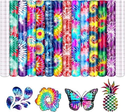 Tintnut Vinilo permanente de teñido anudado, 12 hojas de 12 x 10 pulgadas, vinilo adhesivo colorido sin costuras, patrón de remolino, vinilo