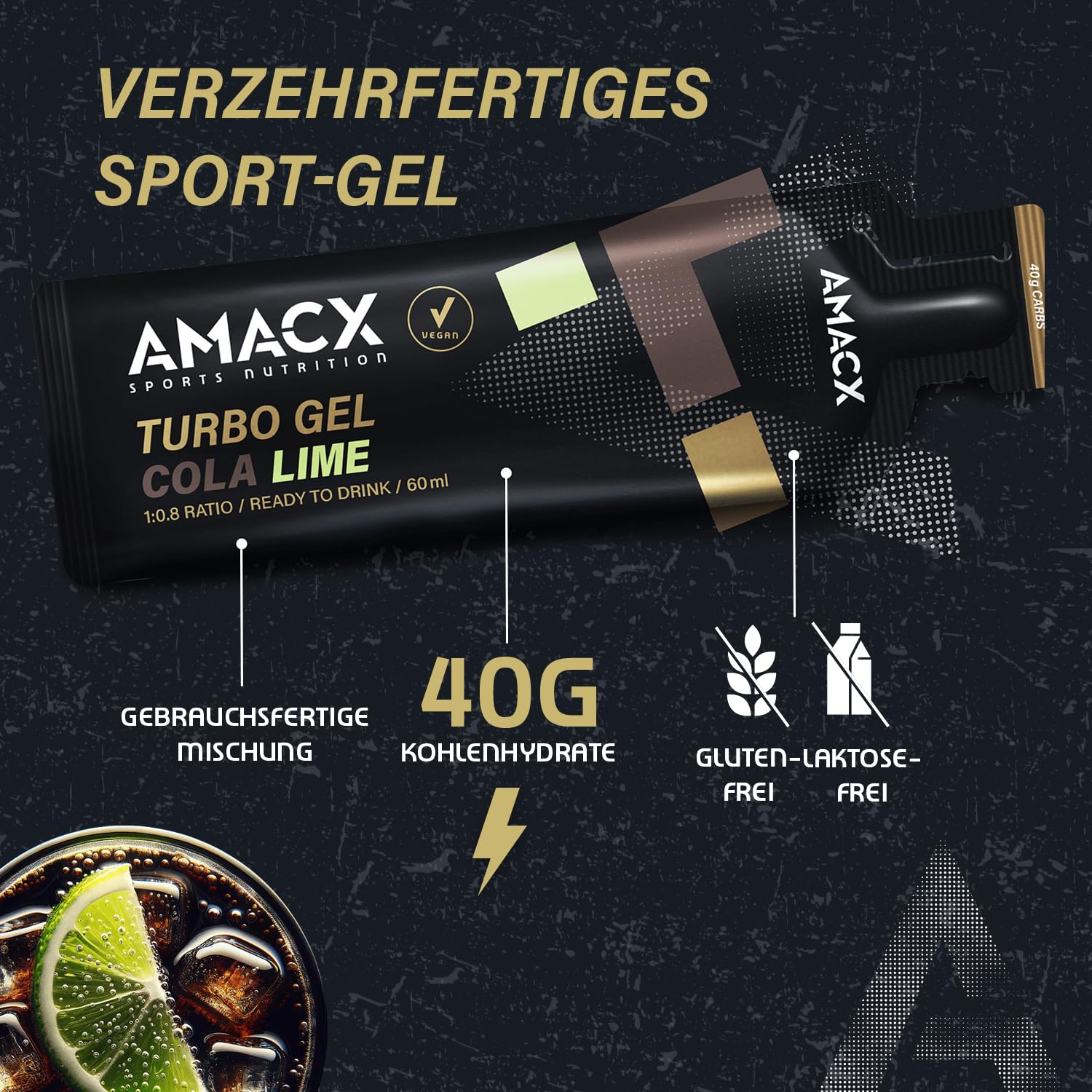 AMACX Turbo Energy Gel für Ausdauersportler, 12 x 60ml, 200mg Natrium, 40g Carbs, schnell absorbierbares Sport Gel, Elektrolyte Energiegel mit Kohlenhydratverhältnis 1:0.8 – Cola Limette