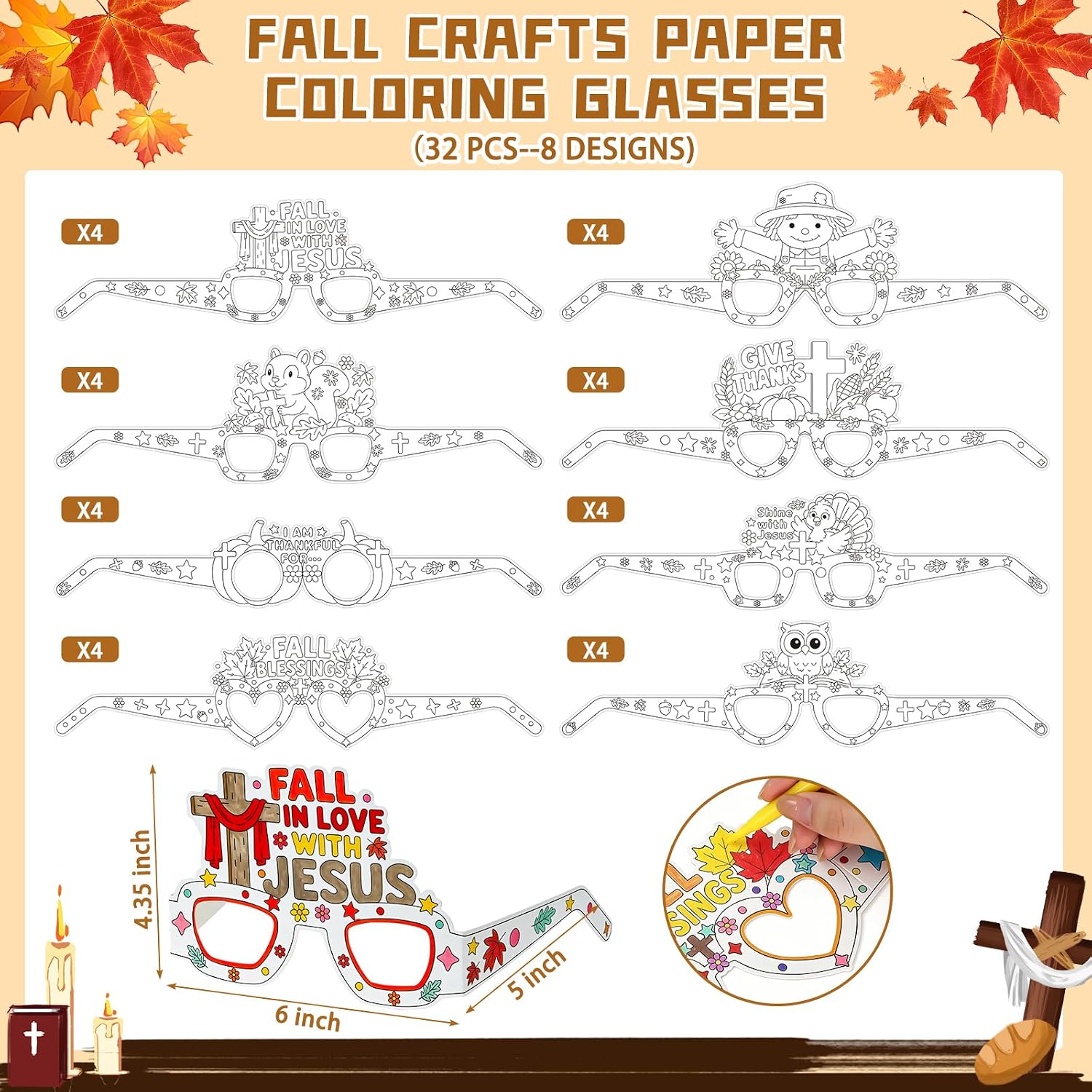 32Pcs Religious Fall Thanksgiving Crafts for kids Coloring Glasses | Christian Arts Craft Bulk, Pumpkin Turkey DIY Paper Classroom Activities for Sunday School Party Favors, Church Supplies