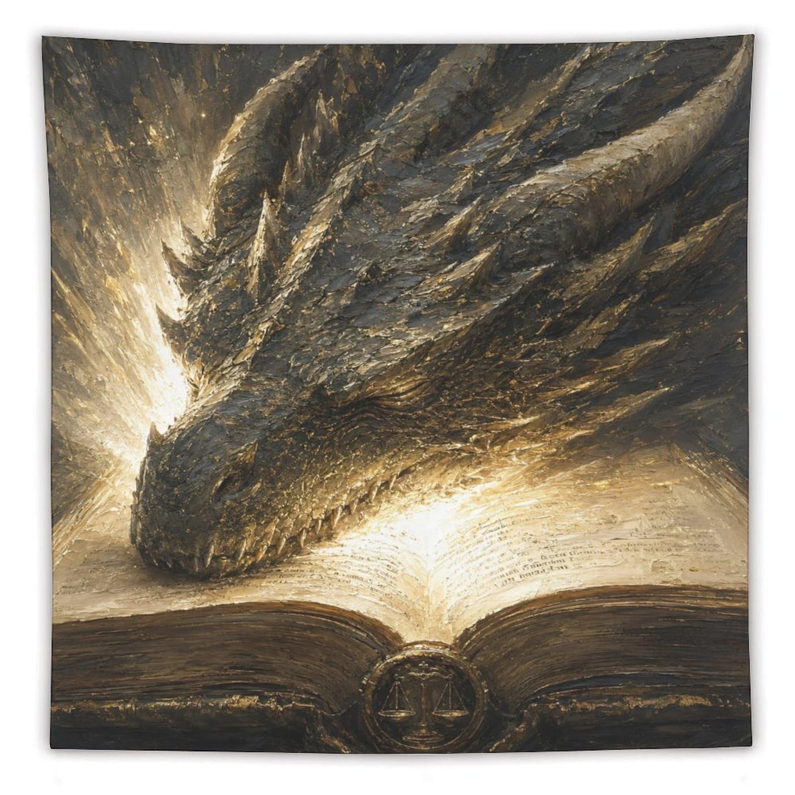 W7C8U2X3 Dragon Head Over Book Wall Tapestry, Surrealist Style, Office