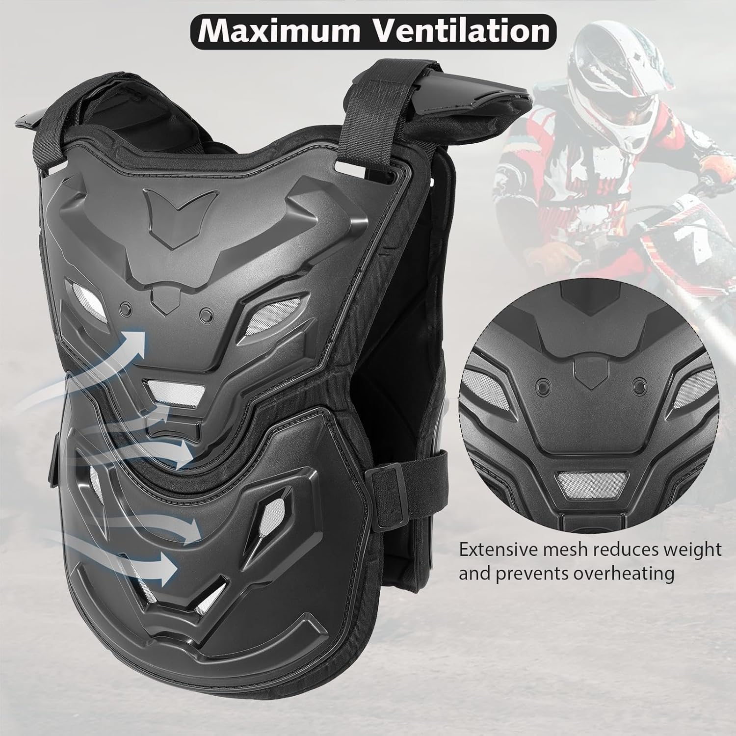 Motorcycle Body Armor Vest, Dirt Bike Chest Protector with Back Support & Breathable Mesh, Motocross Gear for MTB Off-Road Racing Mountain Bike - Image 2