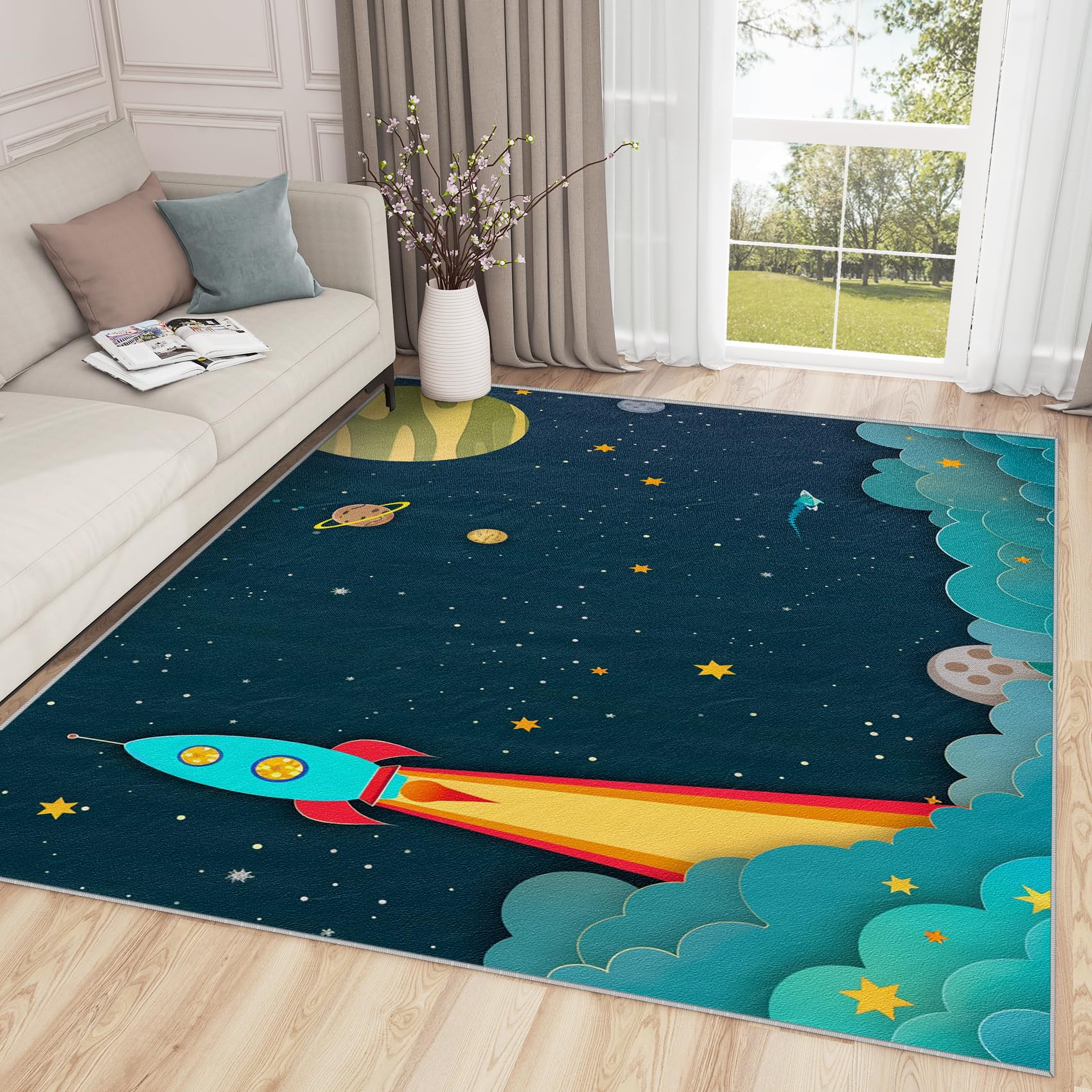 SherAvant Space Rug for Kids Room - 4x5 Rug - Space Rug - Cartoon Rocket Planet Galaxy Area Rug - Kids Nursery Baby Playroom Rugs - Children's