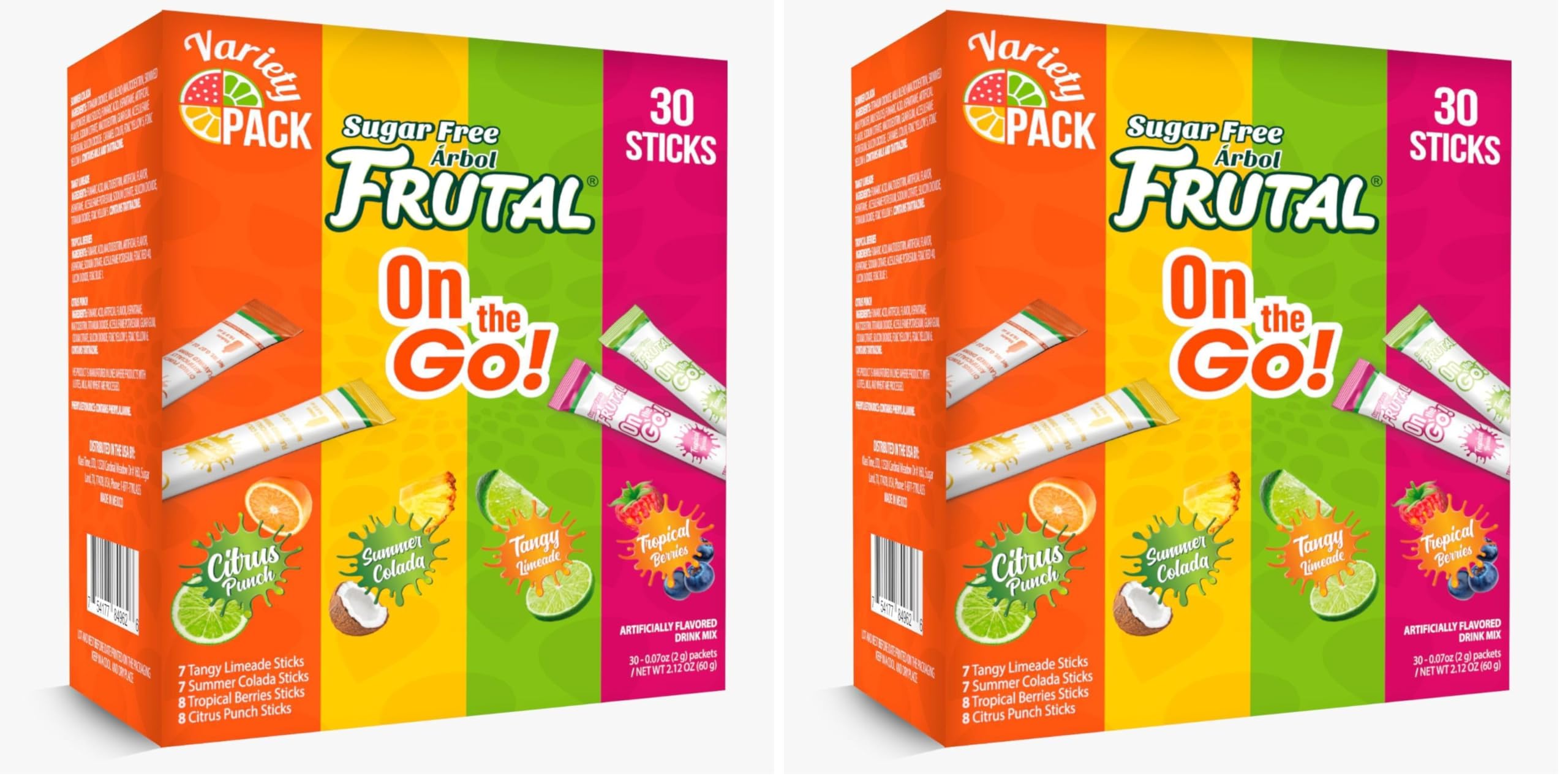 Powdered Drink Mix Variety Pack, Sugar Free! – Fruity flavors - Summer Colada, Tangy Limeade, Citrus Punch & Tropical Berries Packets (30 Count of Stick Packs) - Frutal On-The-Go! (Pack of 2)