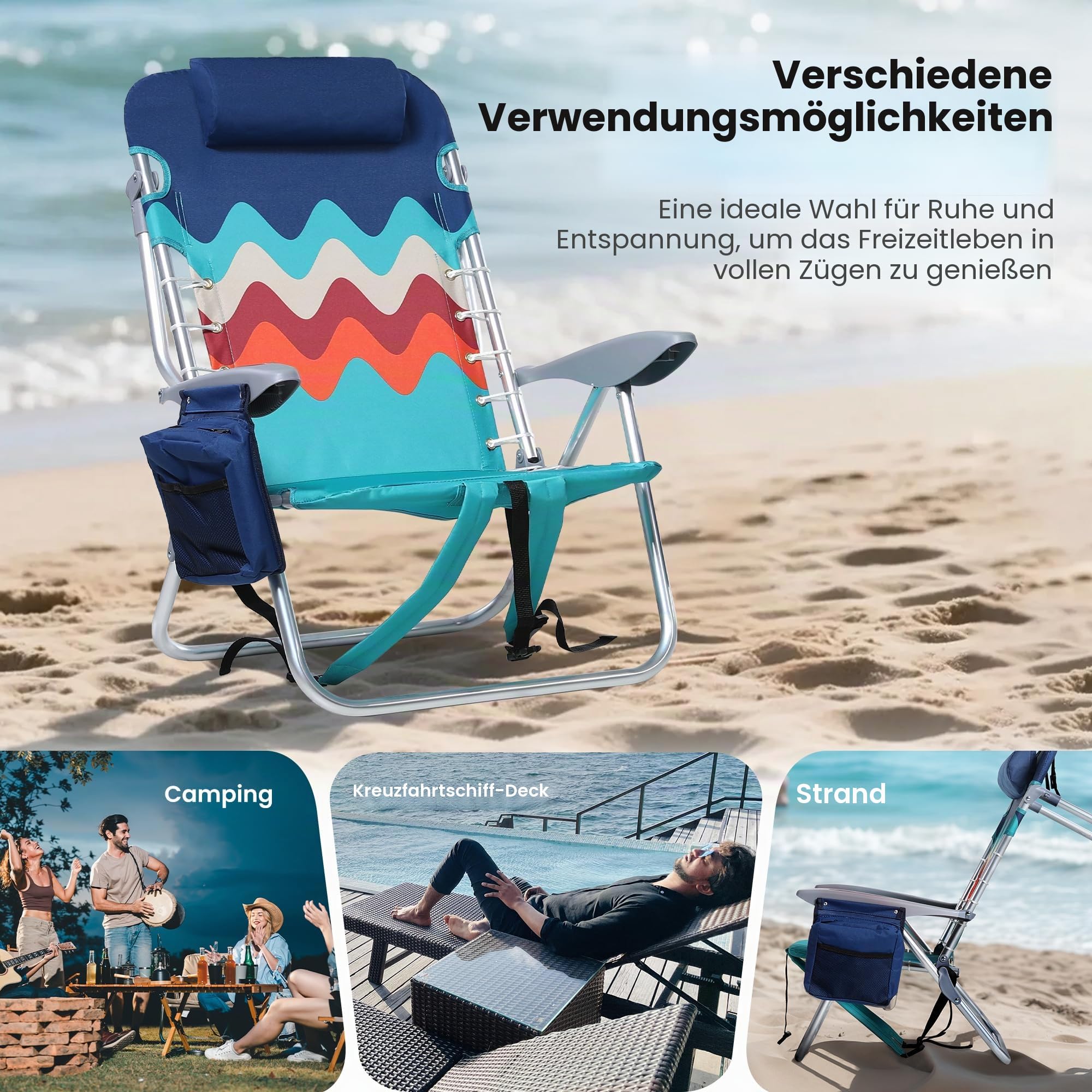 HIGH Point Sports Klappbarer Rucksack Strandstuhl-Set aus 2 STK Blau | Leichter Tragbarer Liegestuhl mit 250kg Tragfähigkeit, Campingstühle mit 4 Positionen für Erwachsene