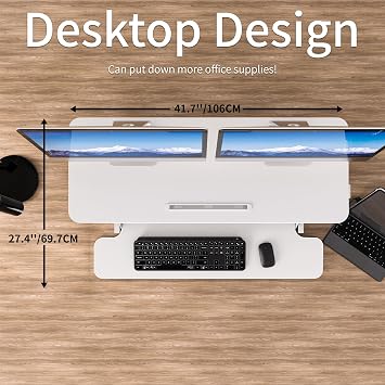 ERGOMAKER Standing Desk Converter, 106cm/42’’ Height Adjustable Desk Riser with Wide Keyboard Tray,Sit to Stand Desk Riser for Dual Monitors, White