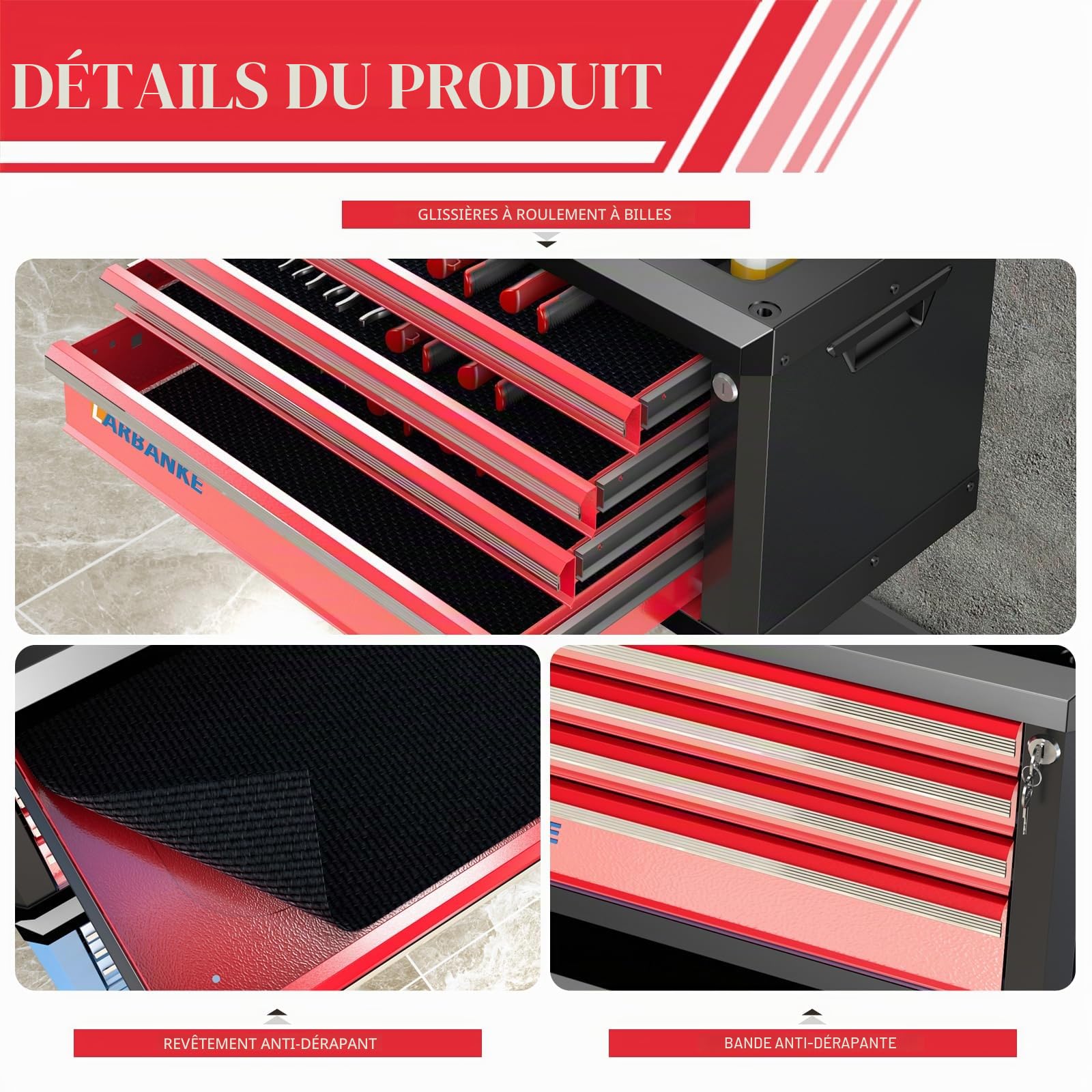 LARBANKE Boîte à outils à 4 tiroirs, boîte à outils portable avec serrure et clés, boîte à outils avec plan de travail étanche et résistant à la rouille, coin anti-collision, tiges de connexion