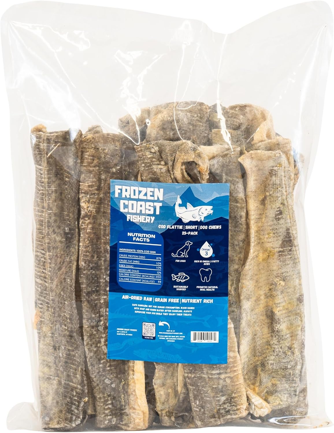 Frozen Coast Cod Flattie Short Cod Skin Dog Chews, Wild-Caught Icelandic, Single-Ingredient, All-Natural, High Protein, Grain-Free (25-Chews)