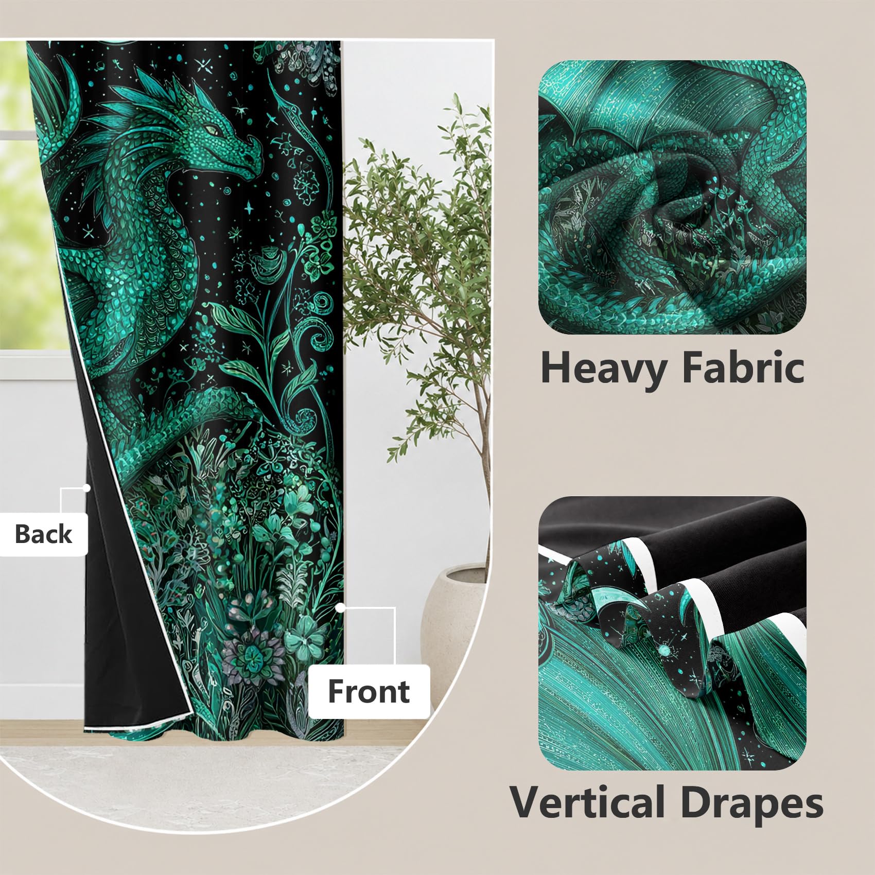 Rideau Occultant Dragon Vert Rideaux Thermiques Motif Botanique pour Salon Chambre, Lot de 2 Rideaux et Draperies Intérieurs à Oeillets, 140x160 cm (LxH)