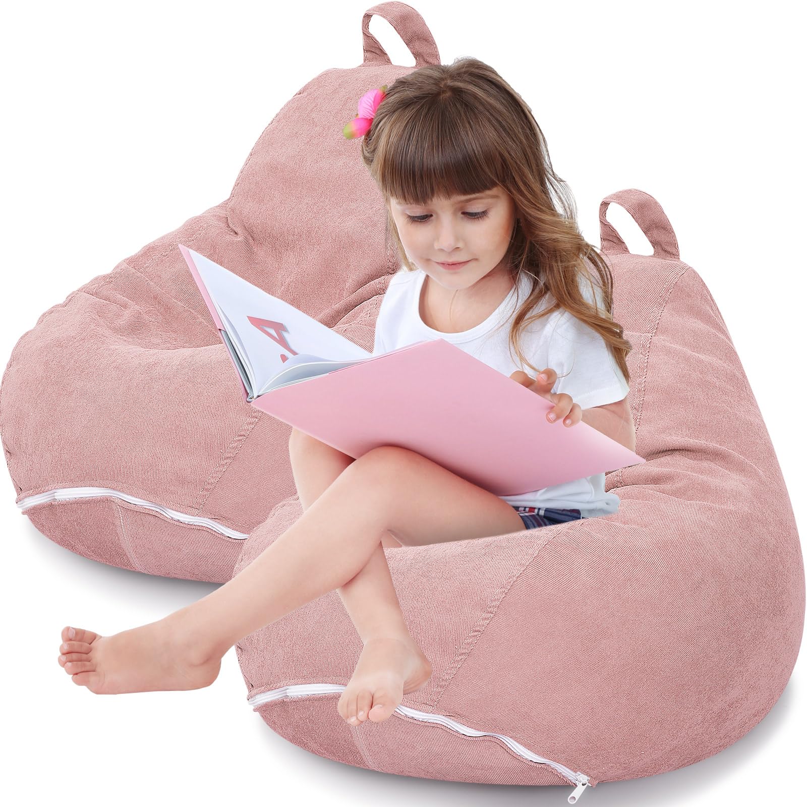 Wenqik 2 Pcs 100L Stuffed Animal Storage Bean Bag Chair Cover (No Filler) for Kids Soft Corduroy Stuffable Bean Bag Zipper for Organizing Children Plush Toys(Pink)