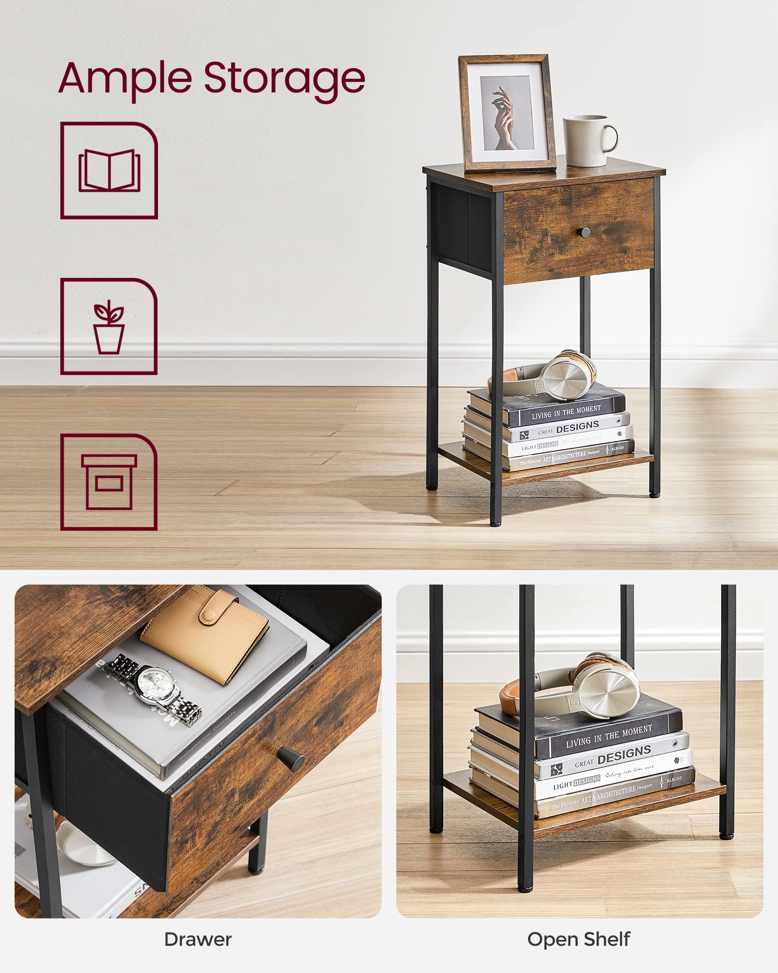 VASAGLE Comodino, tavolino alto 61 cm con cassetto in tessuto e ripiano portaoggetti, per soggiorno, camera da letto, truciolare, acciaio, non tessuto, marrone rustico, 11 x 15 x 24 cm