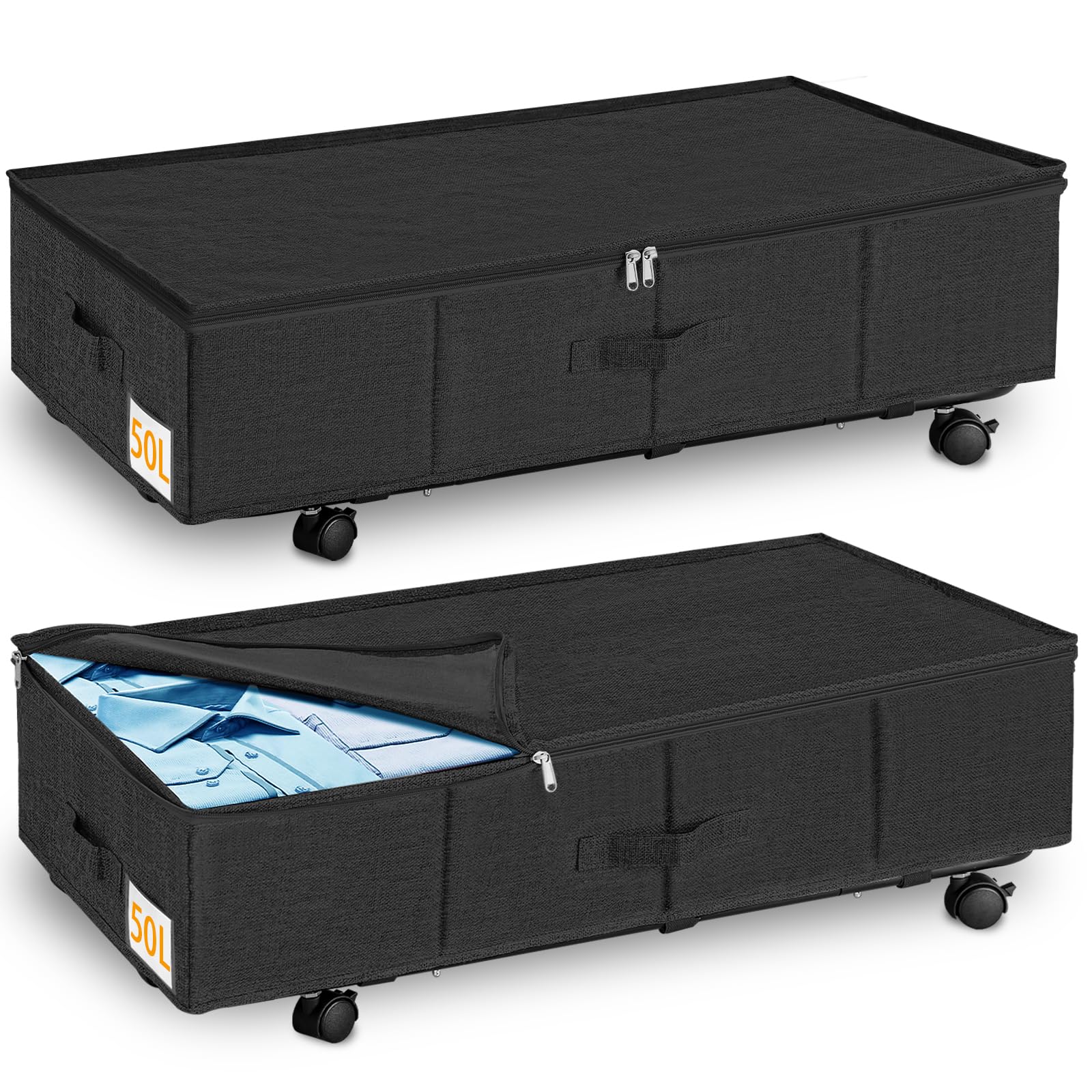 JUPELI Under Bed Storage Organiser on Wheels & Metal Bottom Support, Large Clothes Storage Box For Clothes, Blanket, Black, 22cm Tall