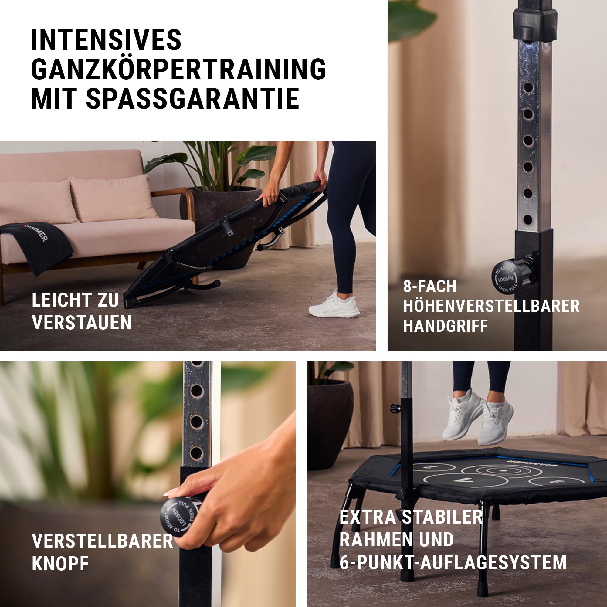 HAMMER Fitness-Trampolin Cross Jump, 98 cm Sprungfläche, patentierte Technik, mehrfach höhenverstellbarer Haltegriff, leistungsstark bis 130 kg Benutzergewicht